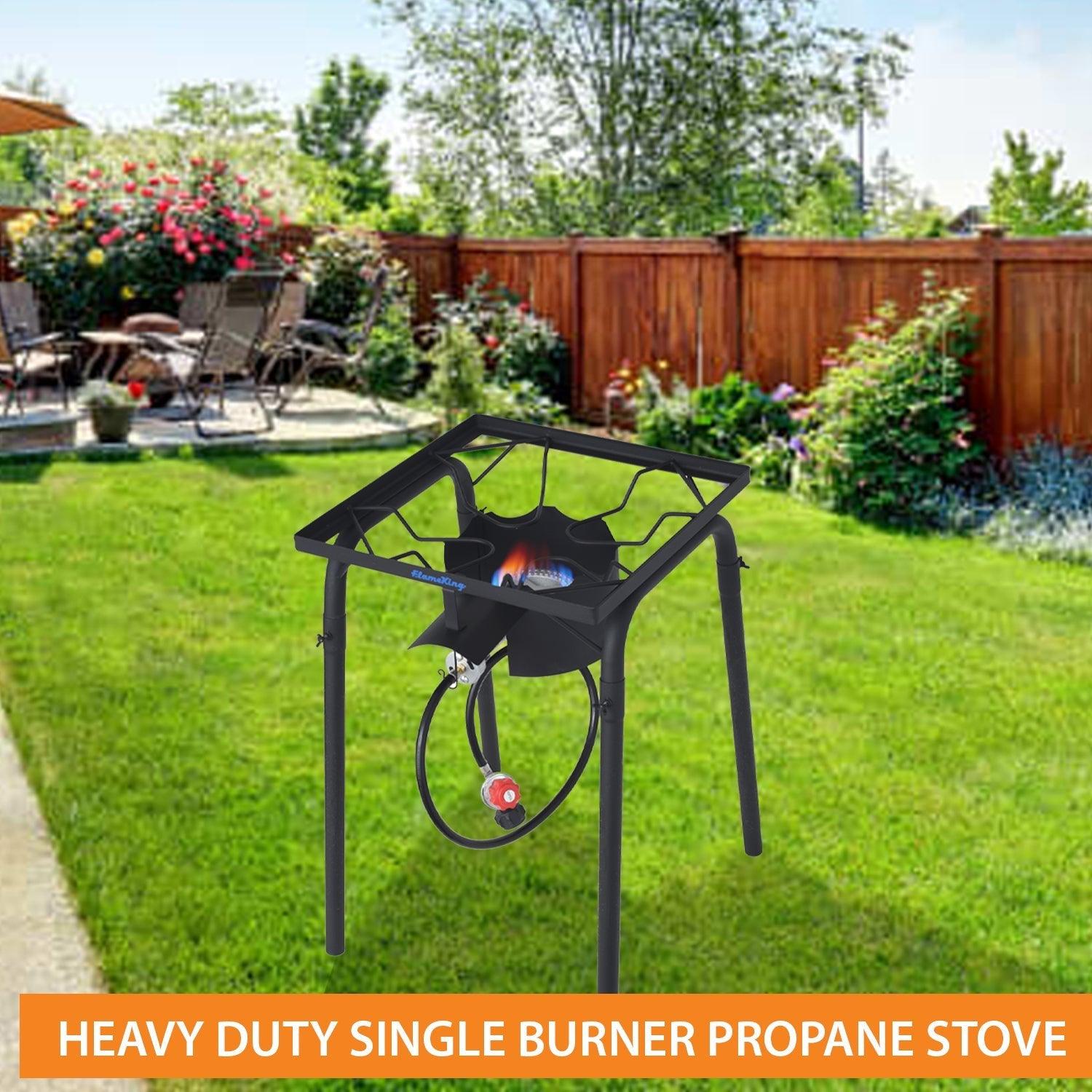 Flame King heavy-duty 100,000 BTU propane camping single burner cooker with sturdy metal frame and control knob.