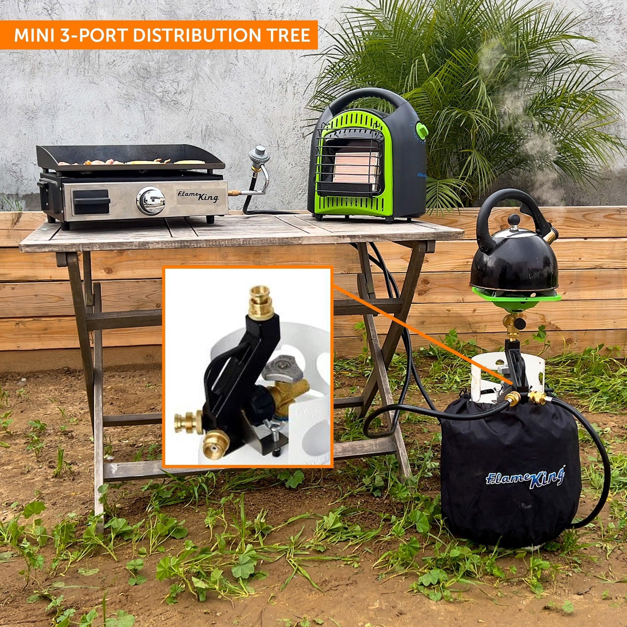 Flame King Mini 3-Ports Distribution Tree for camping, showing compact metal connector with three outlets for propane distribution.