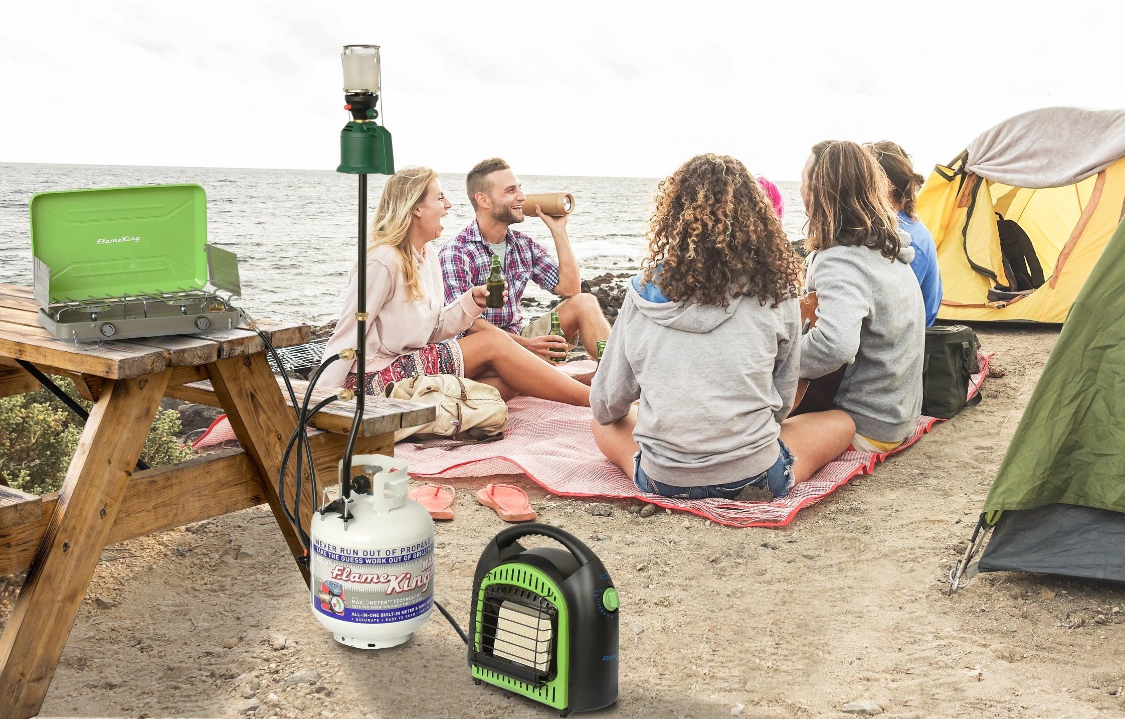 Flame King Mini 3-Ports Distribution Tree for camping, showing a compact metal connection device for outdoor gas setups.