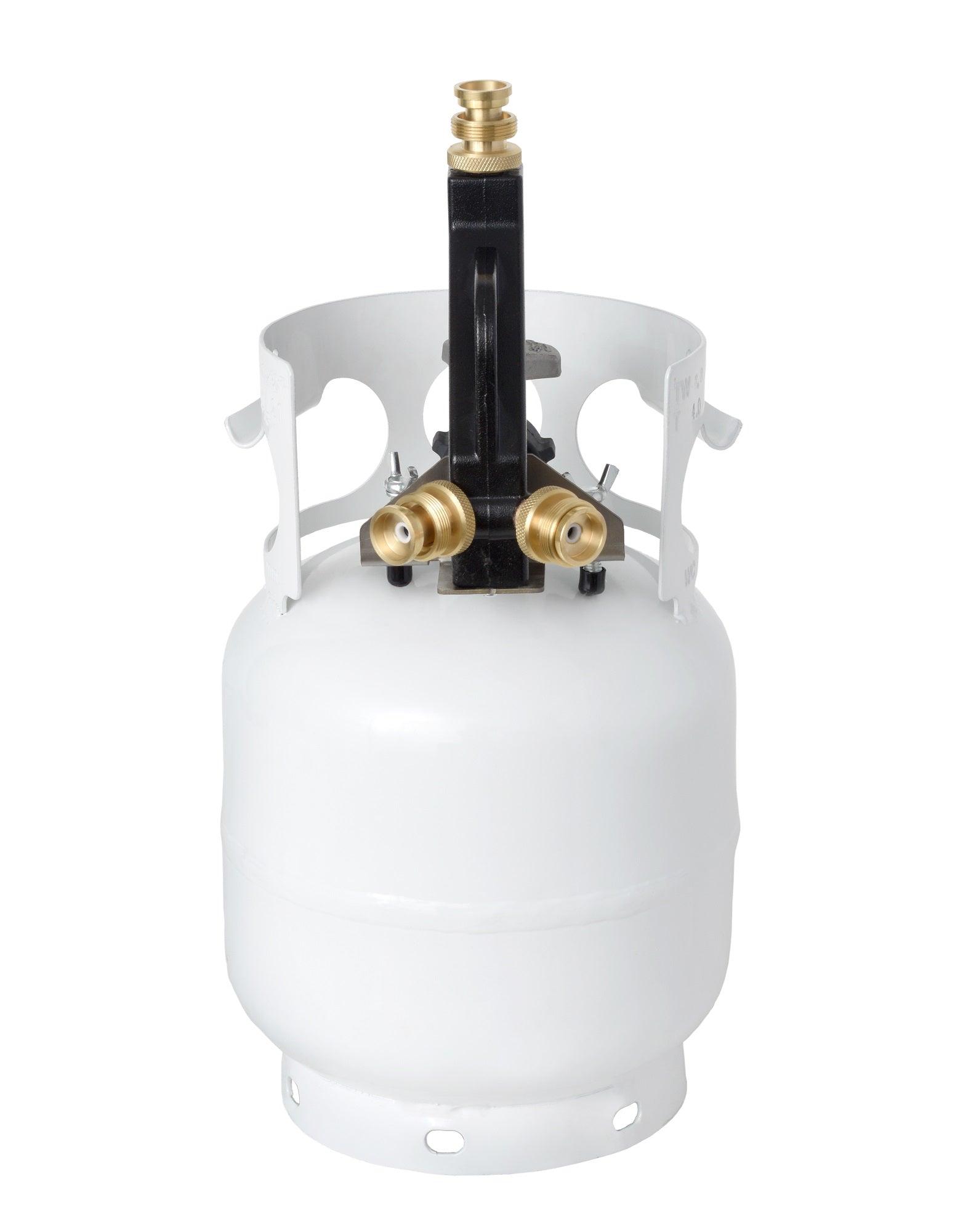 Flame King Mini 3-Ports Distribution Tree for camping, showing the compact metal structure with three outlet ports for propane distribution.