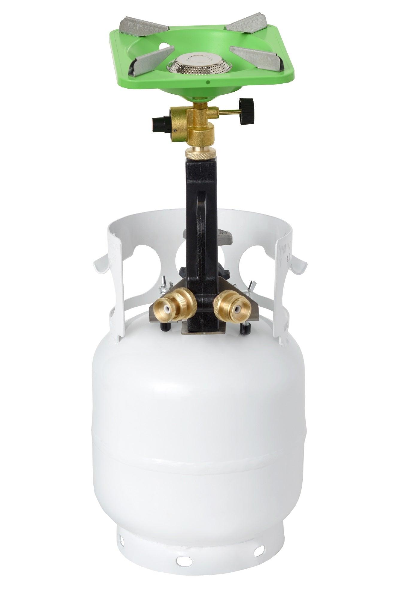 Flame King Mini 3-Ports Distribution Tree for camping, showing compact propane gas distribution setup with three connection ports.