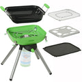 Portable Flame King camping BBQ grill and camp stove with adjustable heat controls, ideal for outdoor cooking during camping trips.