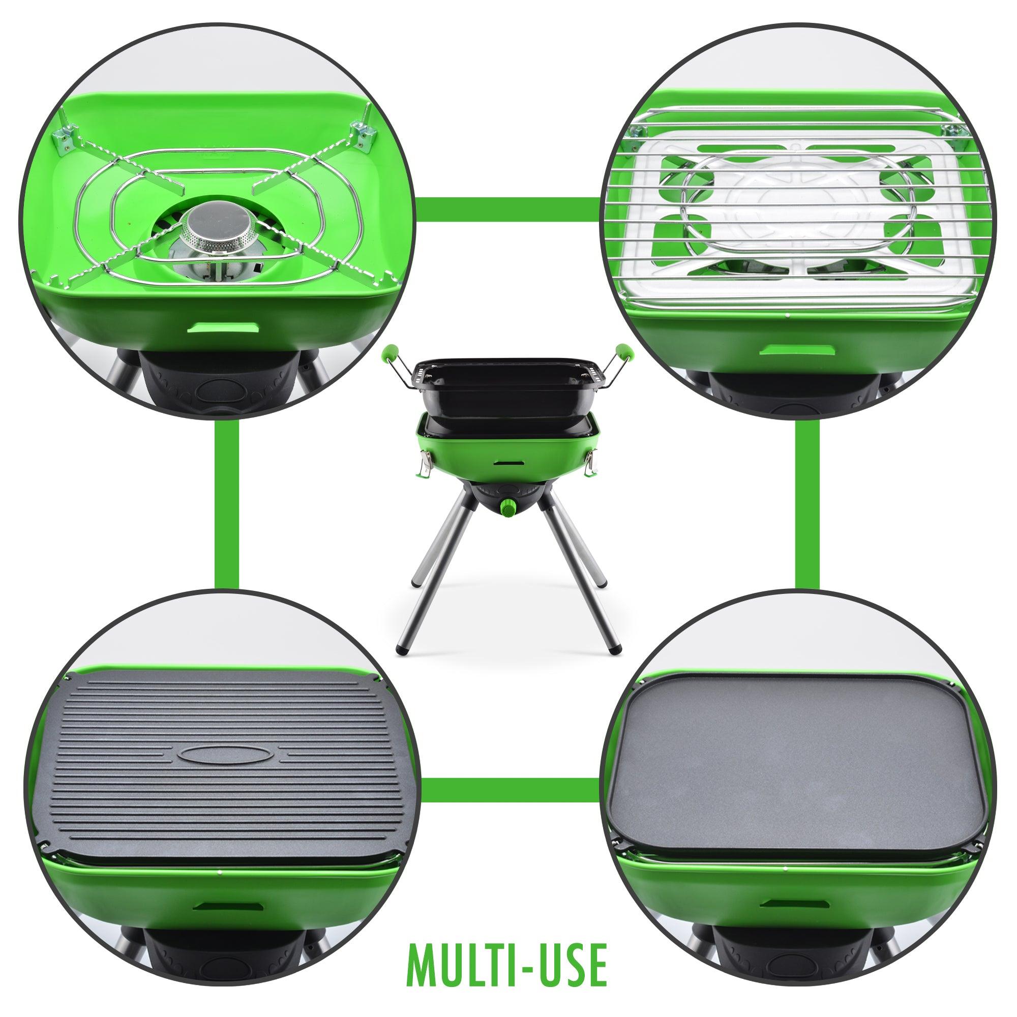 Flame King portable multi-function camping BBQ grill and camp stove with stainless steel surface and compact design.