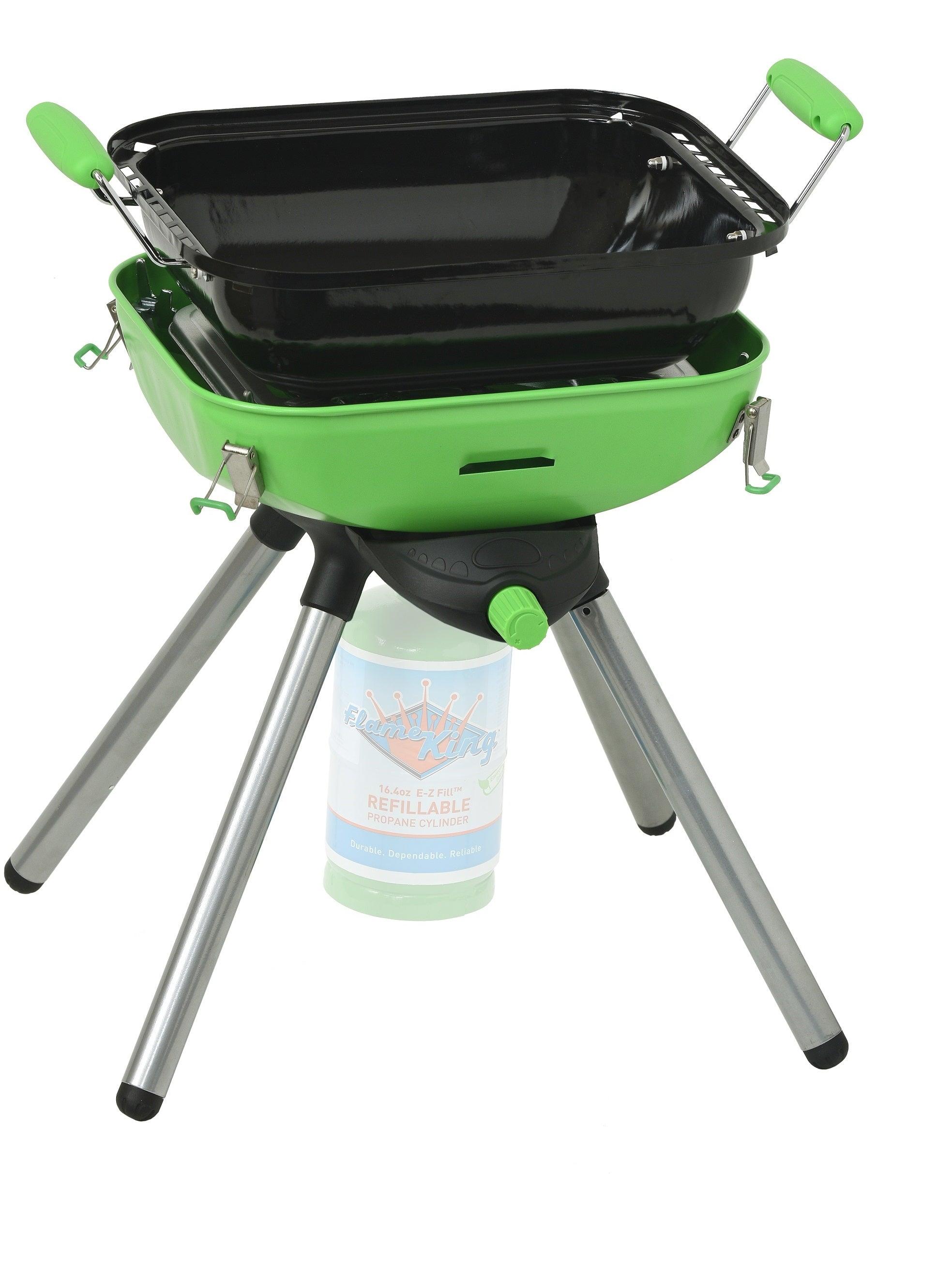 Portable Flame King camping BBQ grill and camp stove with multiple functions, ideal for outdoor cooking during camping trips.