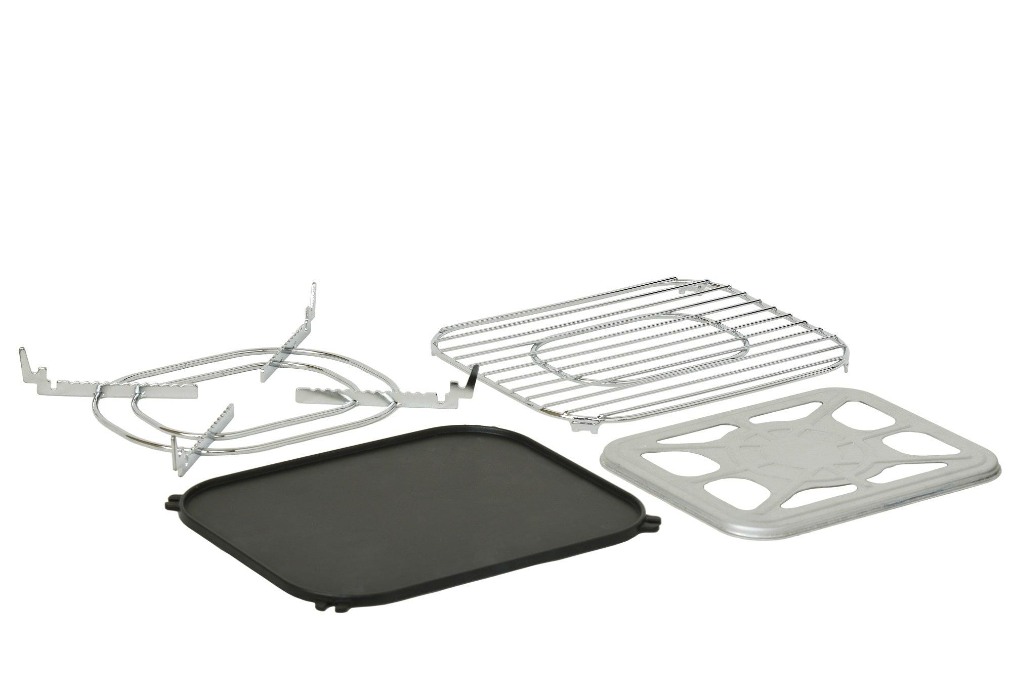 Portable Flame King camping BBQ grill and stove with multiple functions, ideal for outdoor cooking and camping trips.