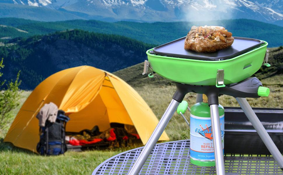Portable Flame King camping BBQ grill and camp stove with multiple functions, ideal for outdoor cooking during camping trips.