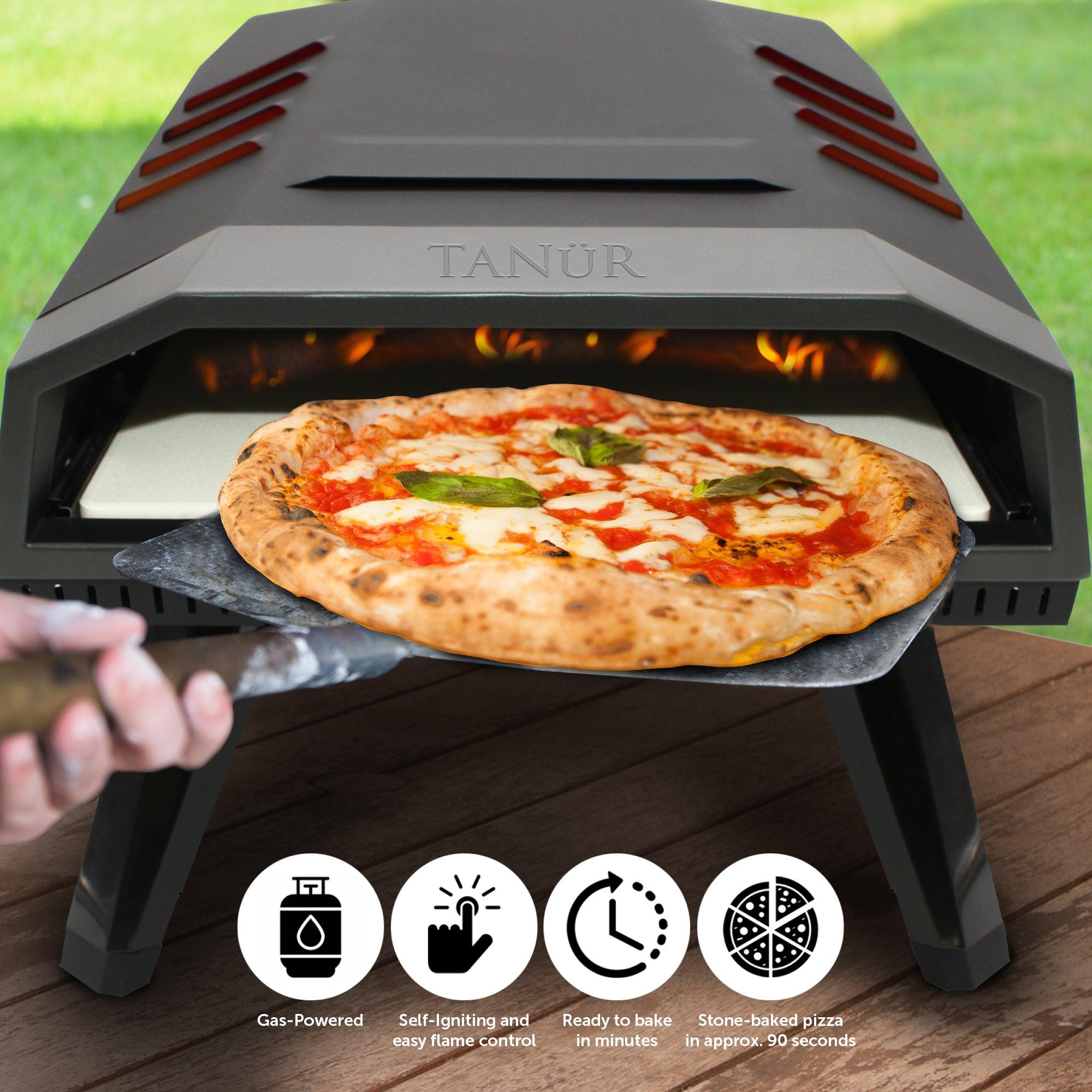 Flame King outdoor portable 12-inch propane pizza oven with stone, designed for grilling delicious pizzas outdoors.
