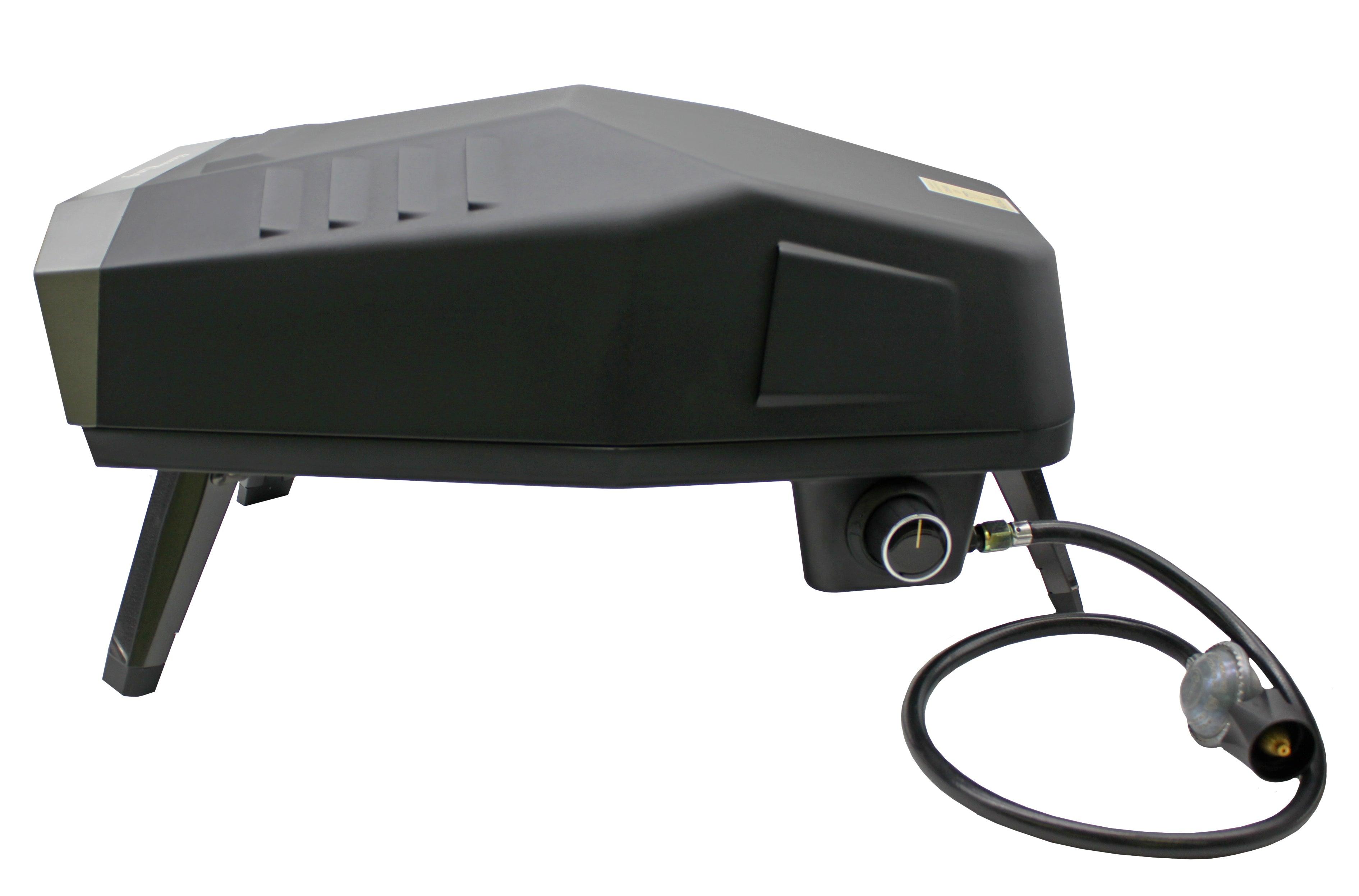 Flame King outdoor portable 12-inch propane pizza oven with stone, showcasing a sleek design and cooking surface.