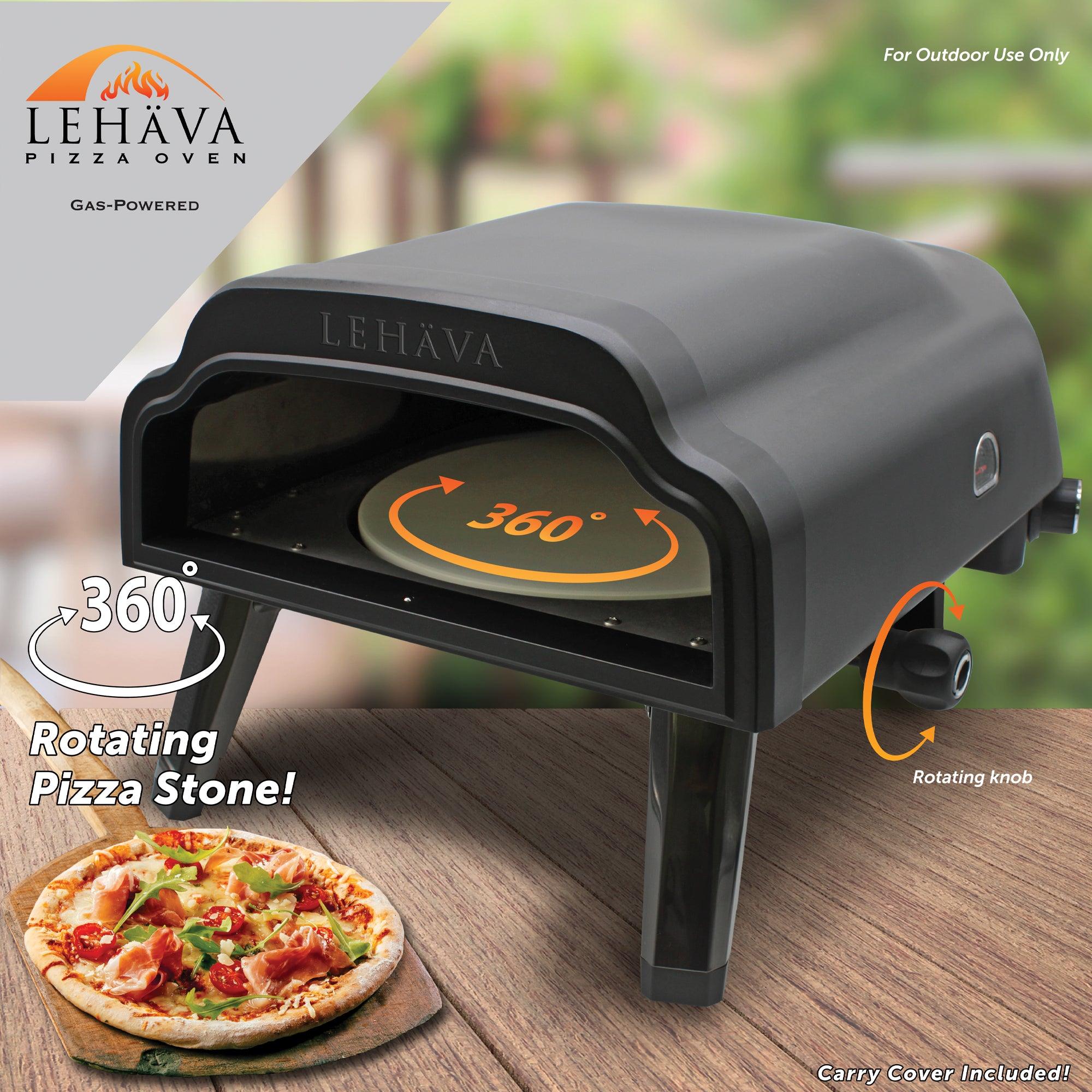 Flame King 14-inch propane pizza oven with rotating stone for outdoor grilling, featuring a sleek design and durable construction.