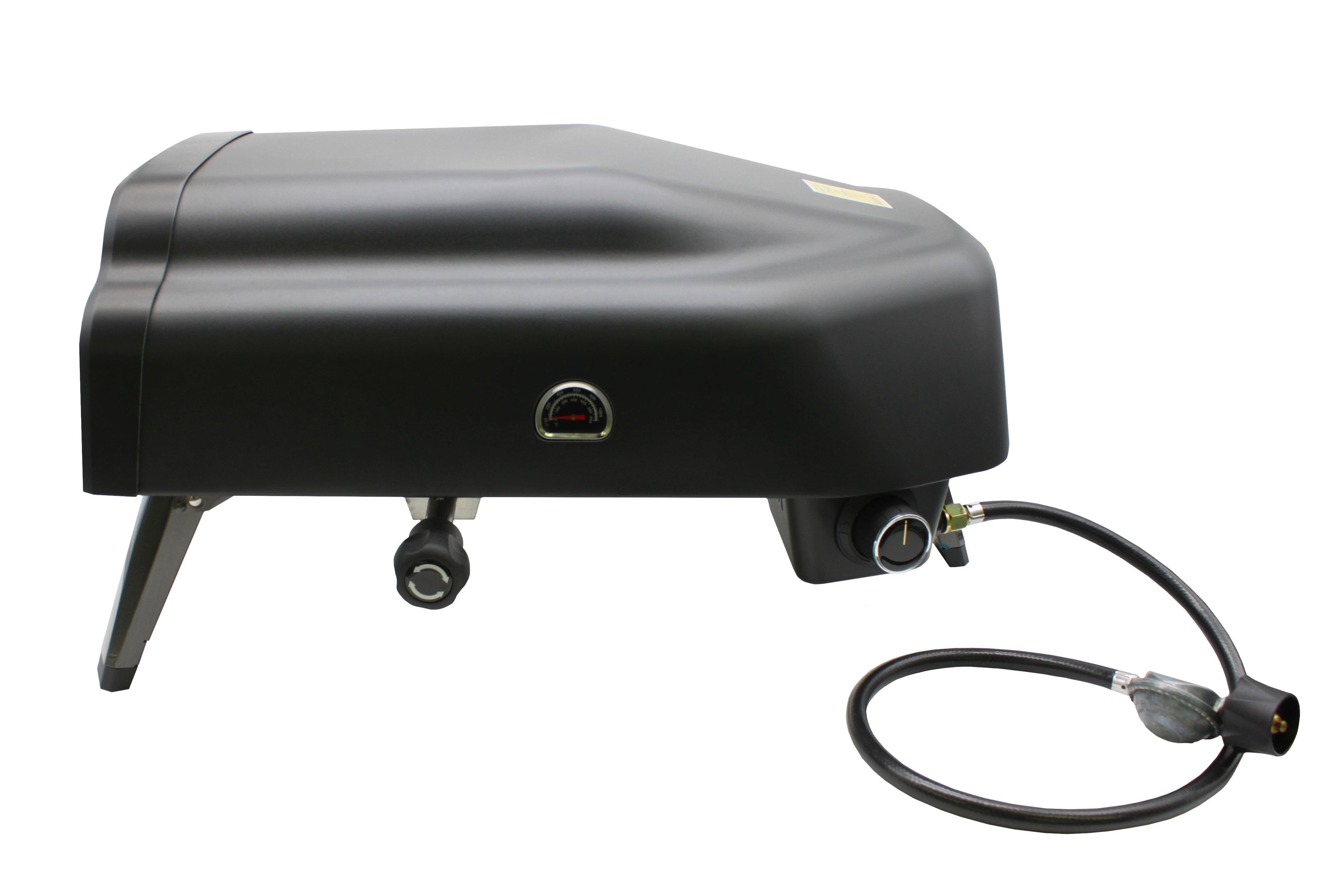 Flame King 14-inch propane pizza oven with 360-degree rotating stone, perfect for outdoor grilling and cooking.