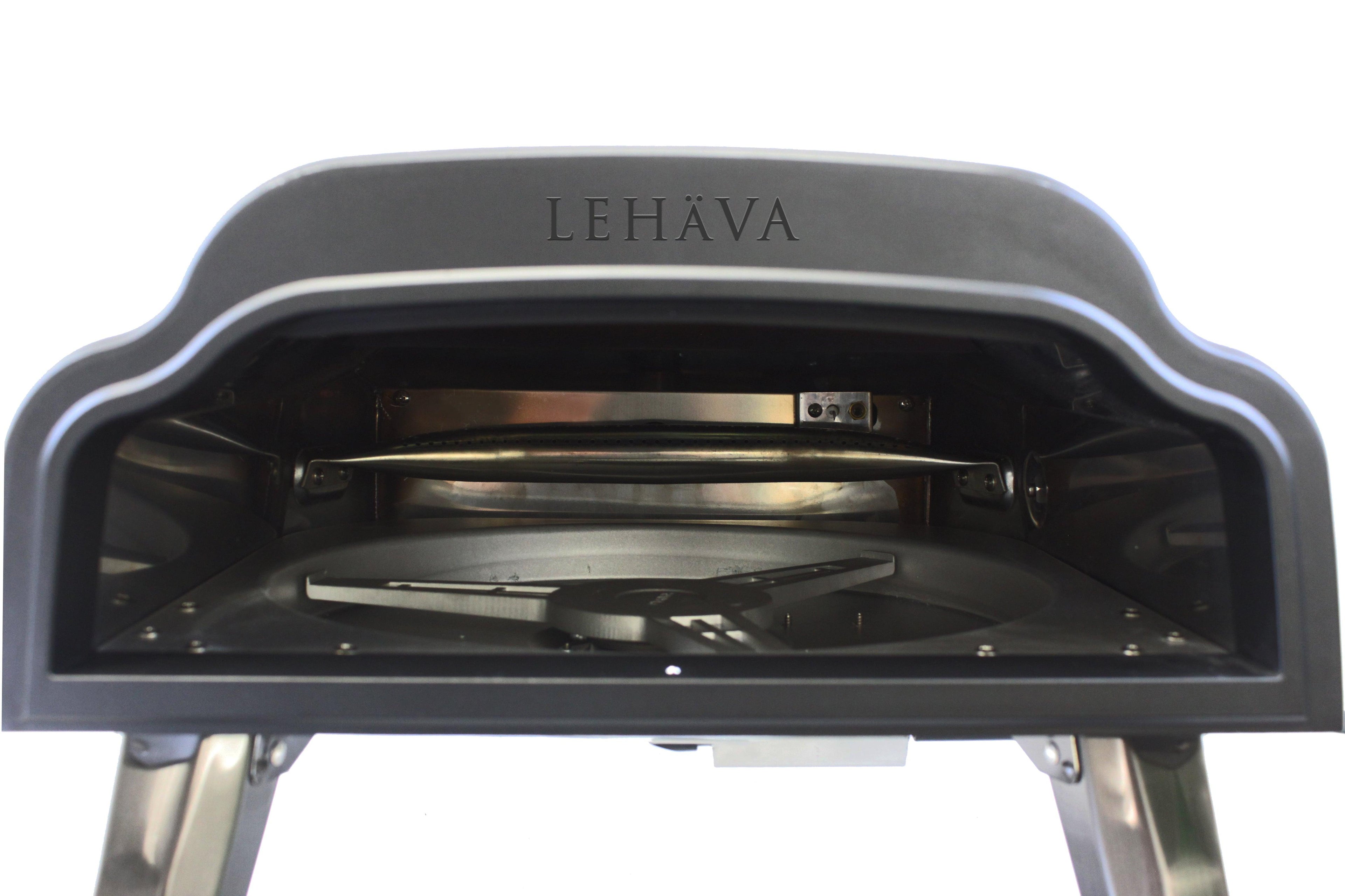 Flame King 14-inch portable propane pizza oven with 360-degree rotating stone, perfect for outdoor grilling.