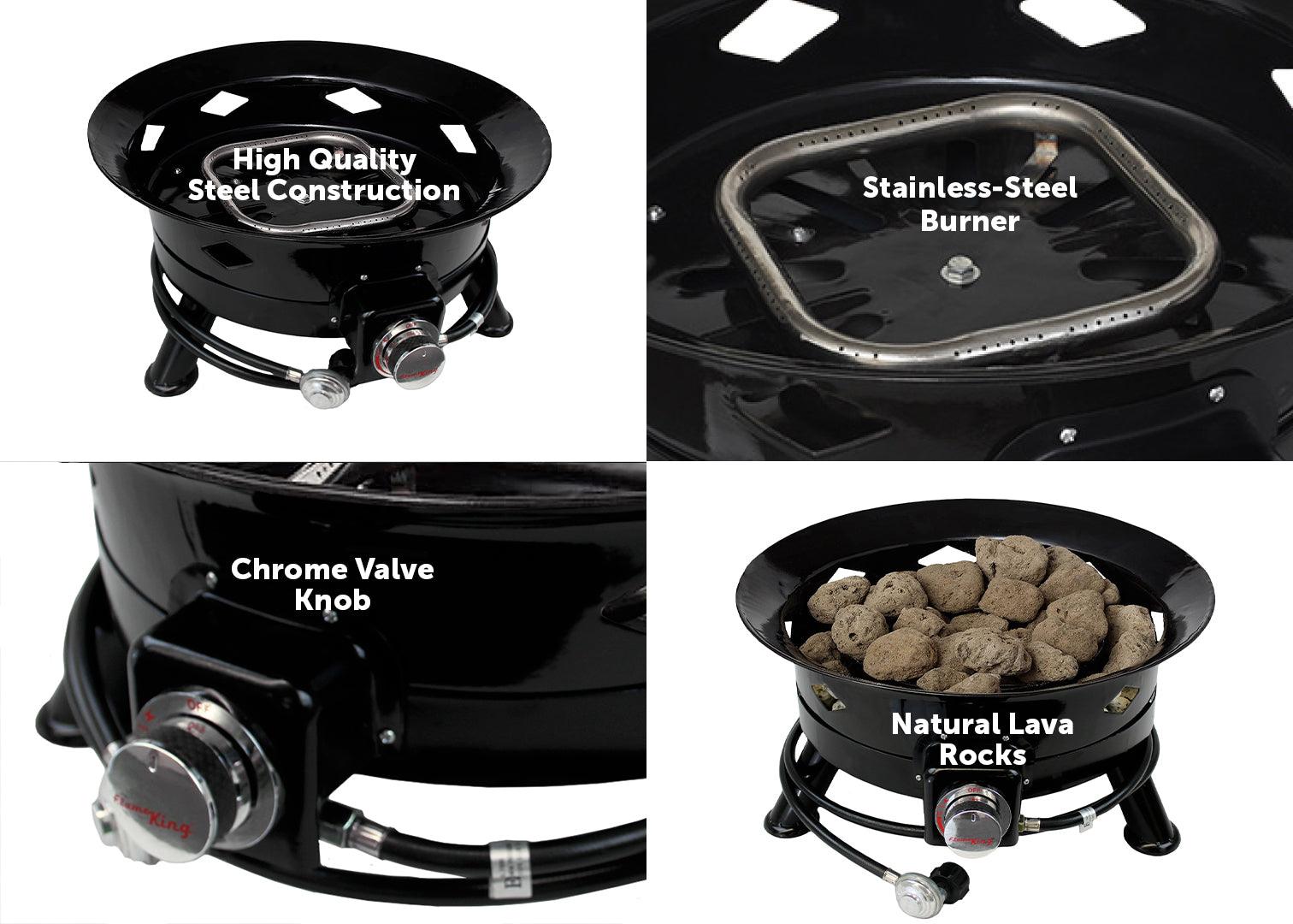 Flame King outdoor portable propane fire pit bowl with self-igniter, cover, and carry straps, designed for home and garden use.