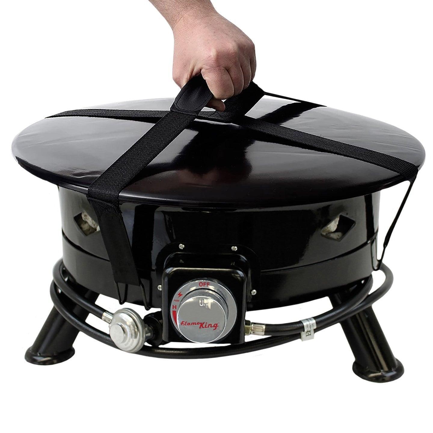 Flame King outdoor portable propane fire pit bowl with self-igniter, cover, and carry straps for home and garden use.