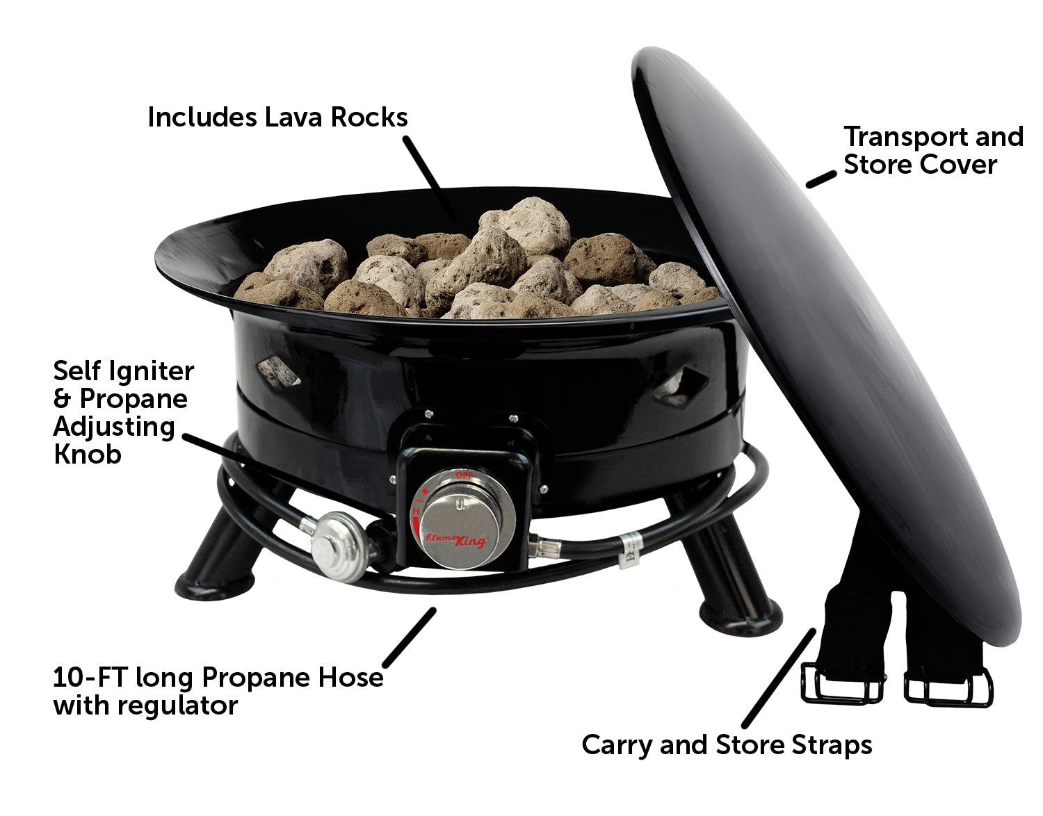 Flame King outdoor portable propane fire pit bowl with self-igniter, cover, and carry straps, ideal for home and garden outdoor heating.