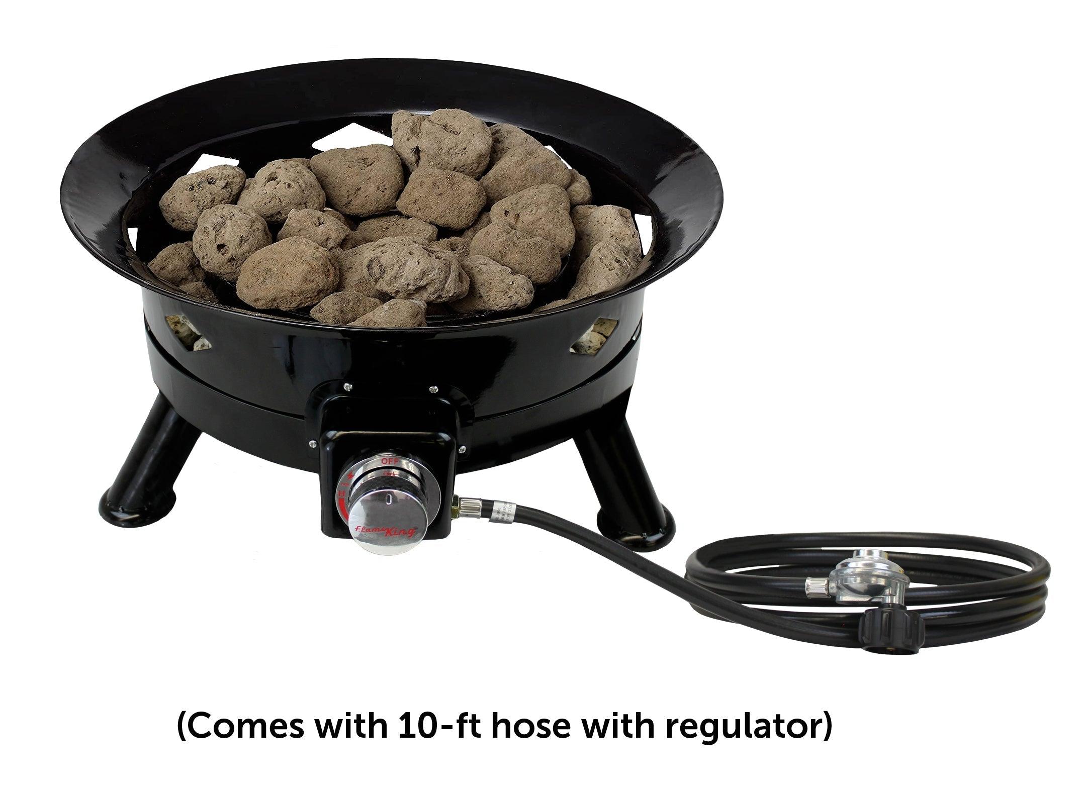 Flame King outdoor portable propane fire pit bowl with self-igniter, cover, and carry straps, designed for home and garden use.