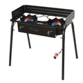 Outdoor Flame King propane double burner cooker stove for camping, with two large burners and sturdy metal construction.