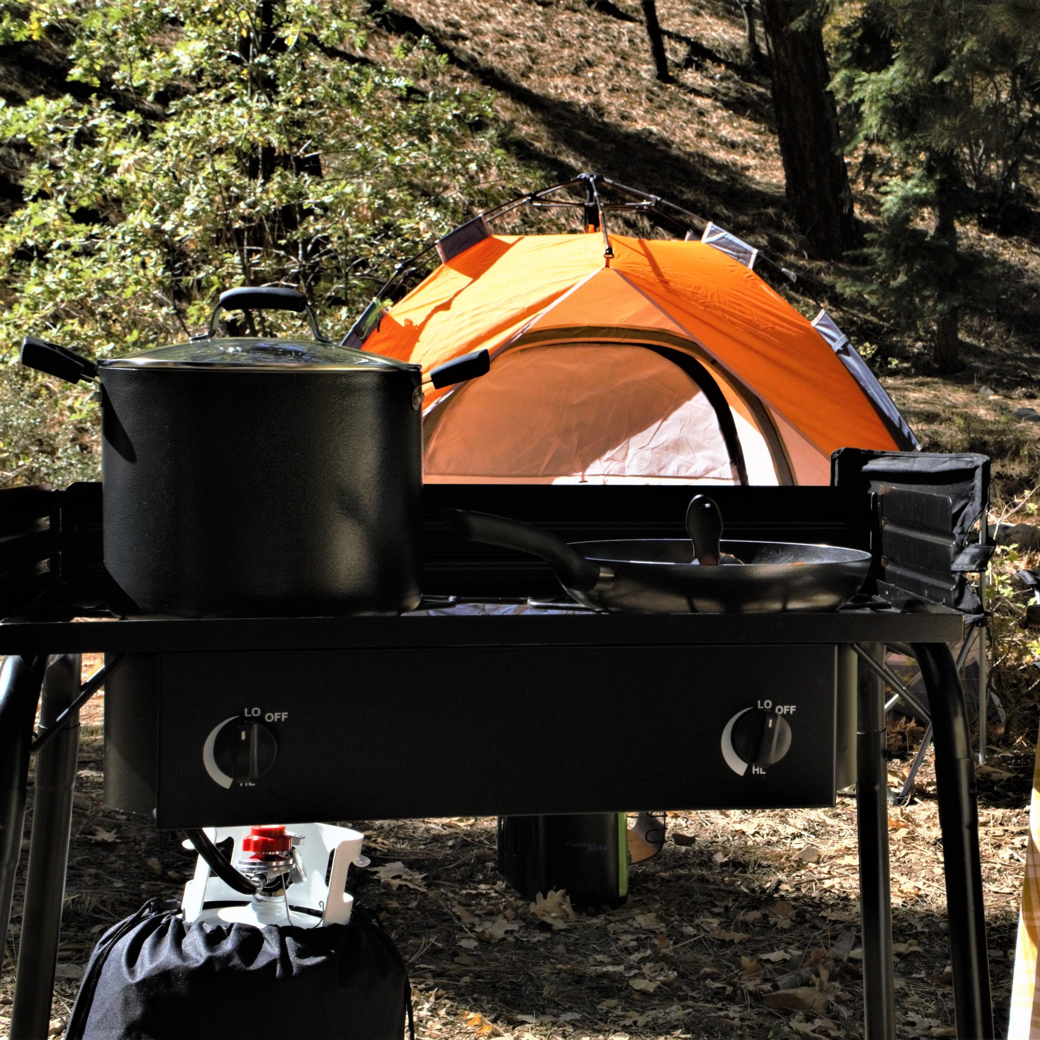 Flame King outdoor propane double burner cooker stove for camping, with two burners and sturdy metal construction.