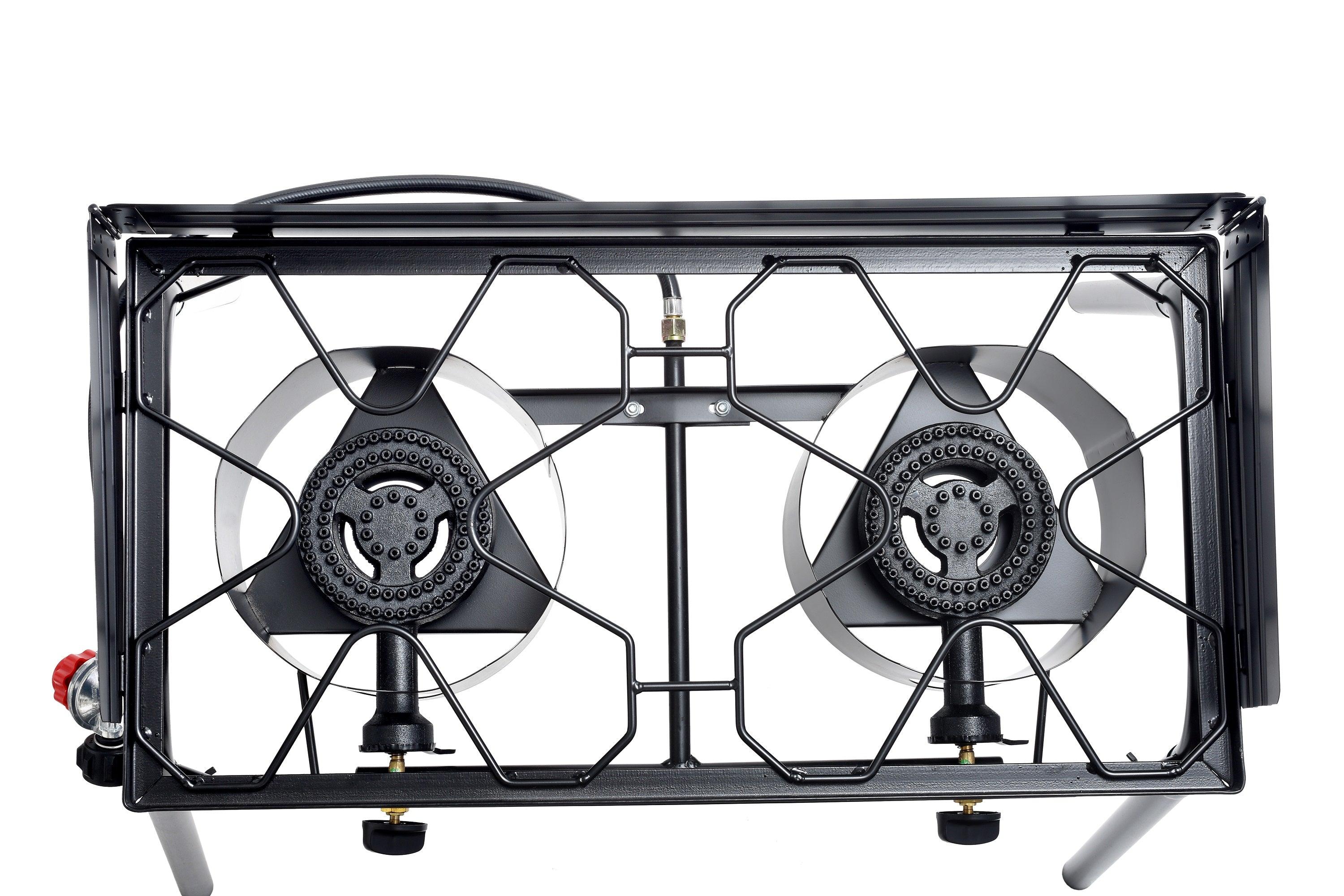 Flame King outdoor propane double dual burner camping stove with sturdy metal frame and control knobs in use.