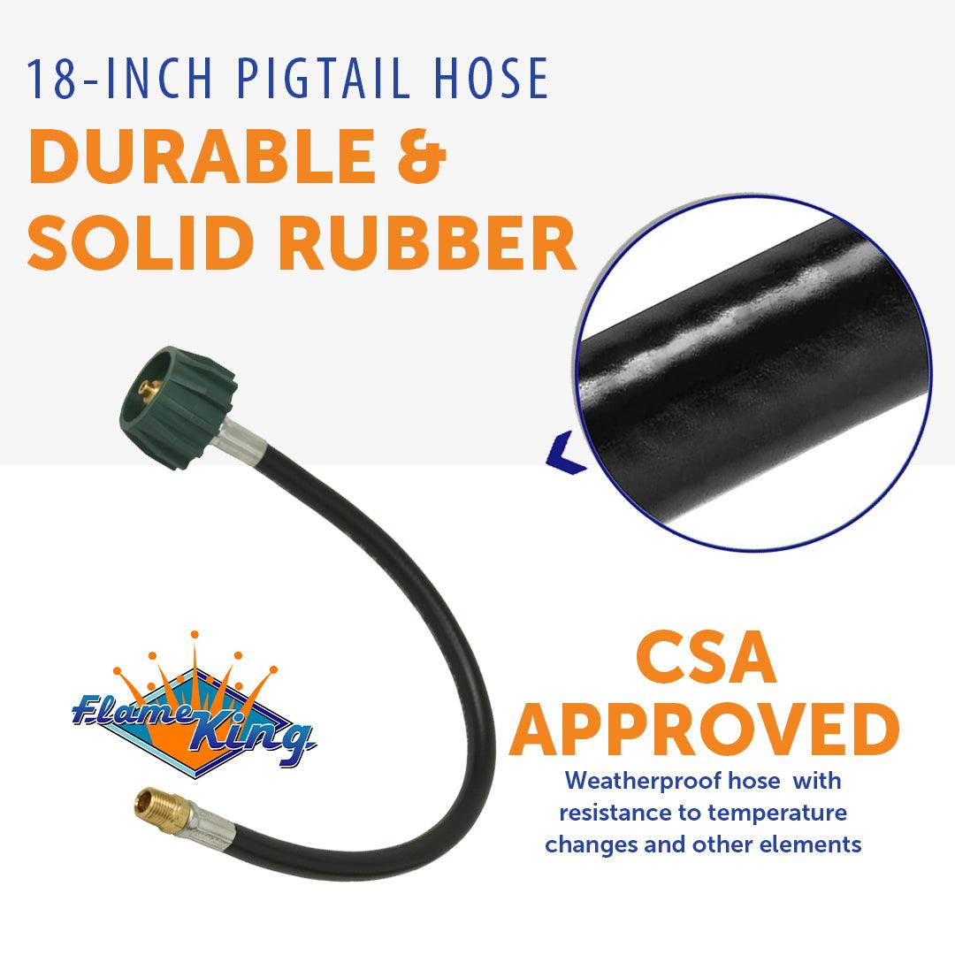 18-inch Flame King propane hose connector with pigtail design for secure gas connections.