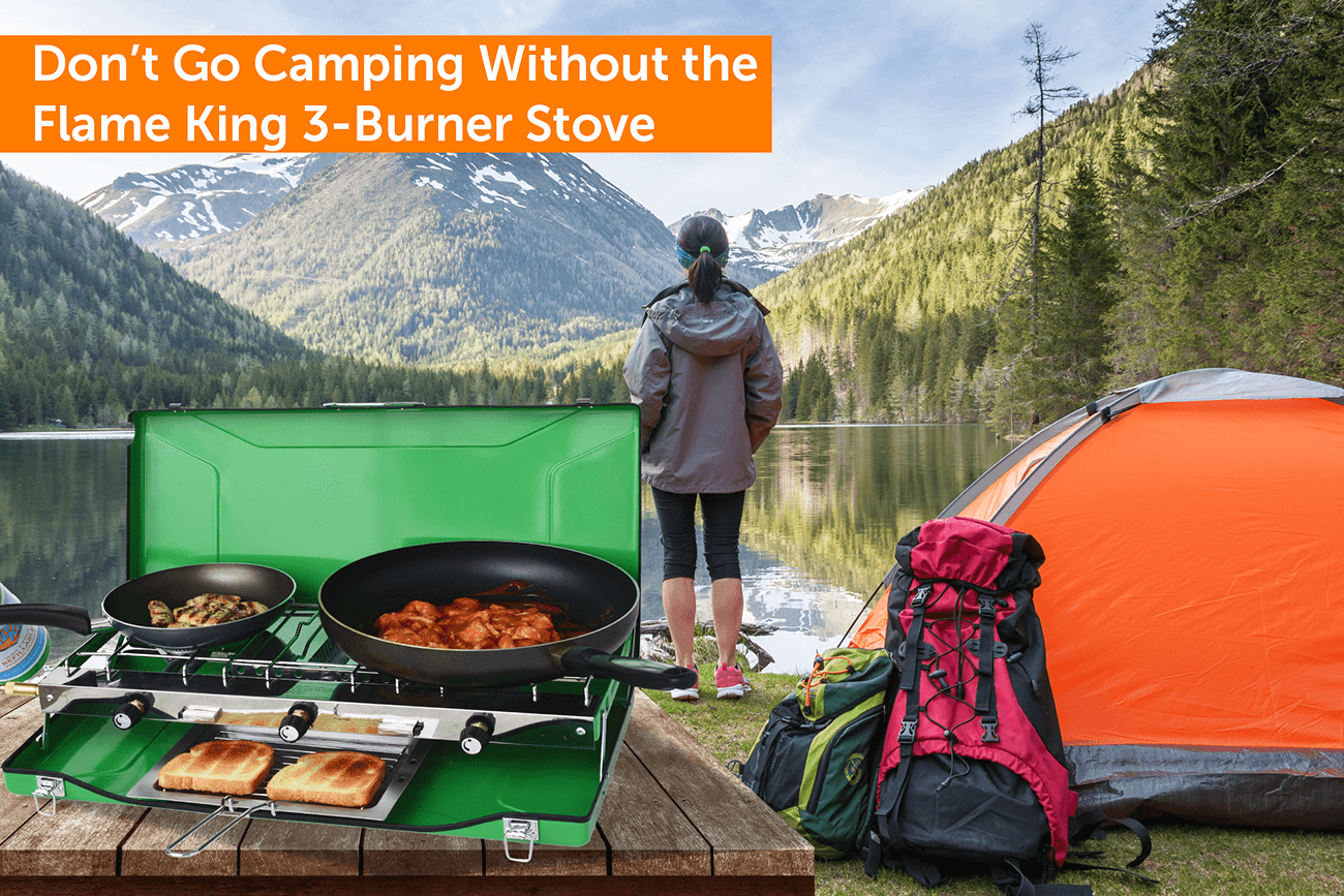 Flame King portable 3 burner grill with propane gas setup and toast tray, ideal for camping cooking.
