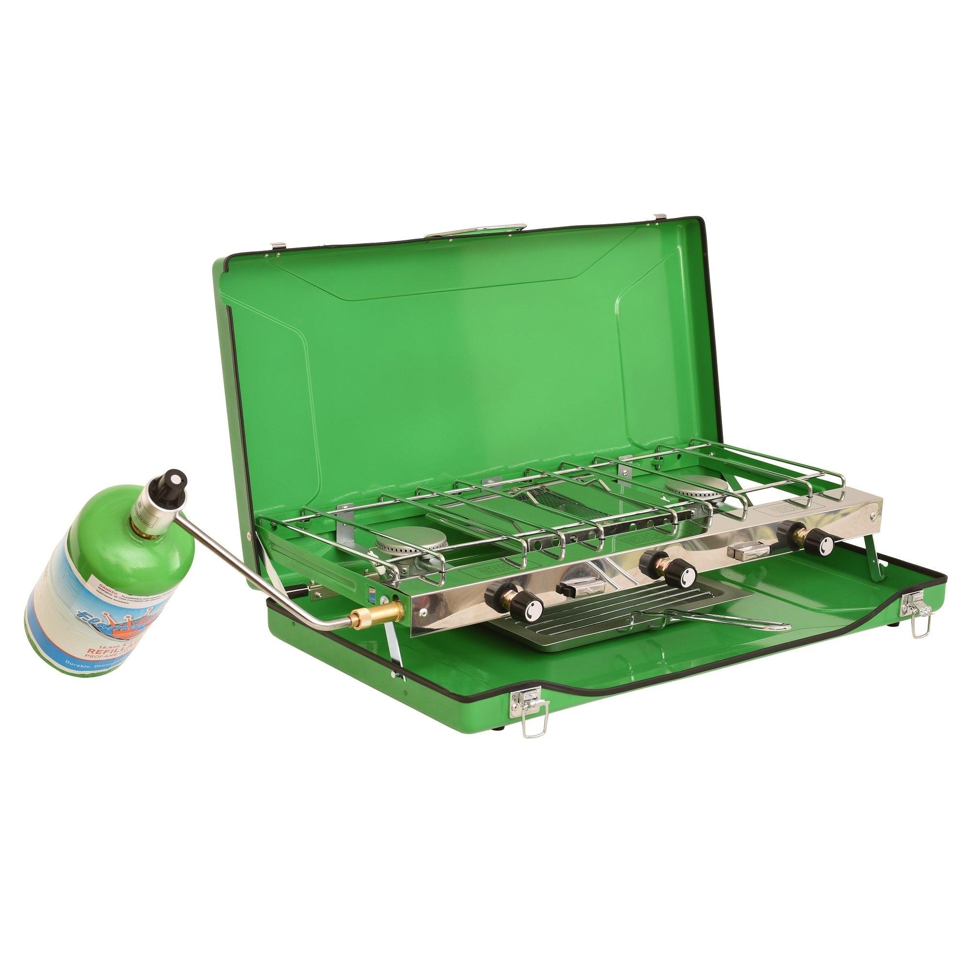 Flame King portable 3 burner propane gas camping stove with toast tray, ideal for outdoor cooking and grilling.