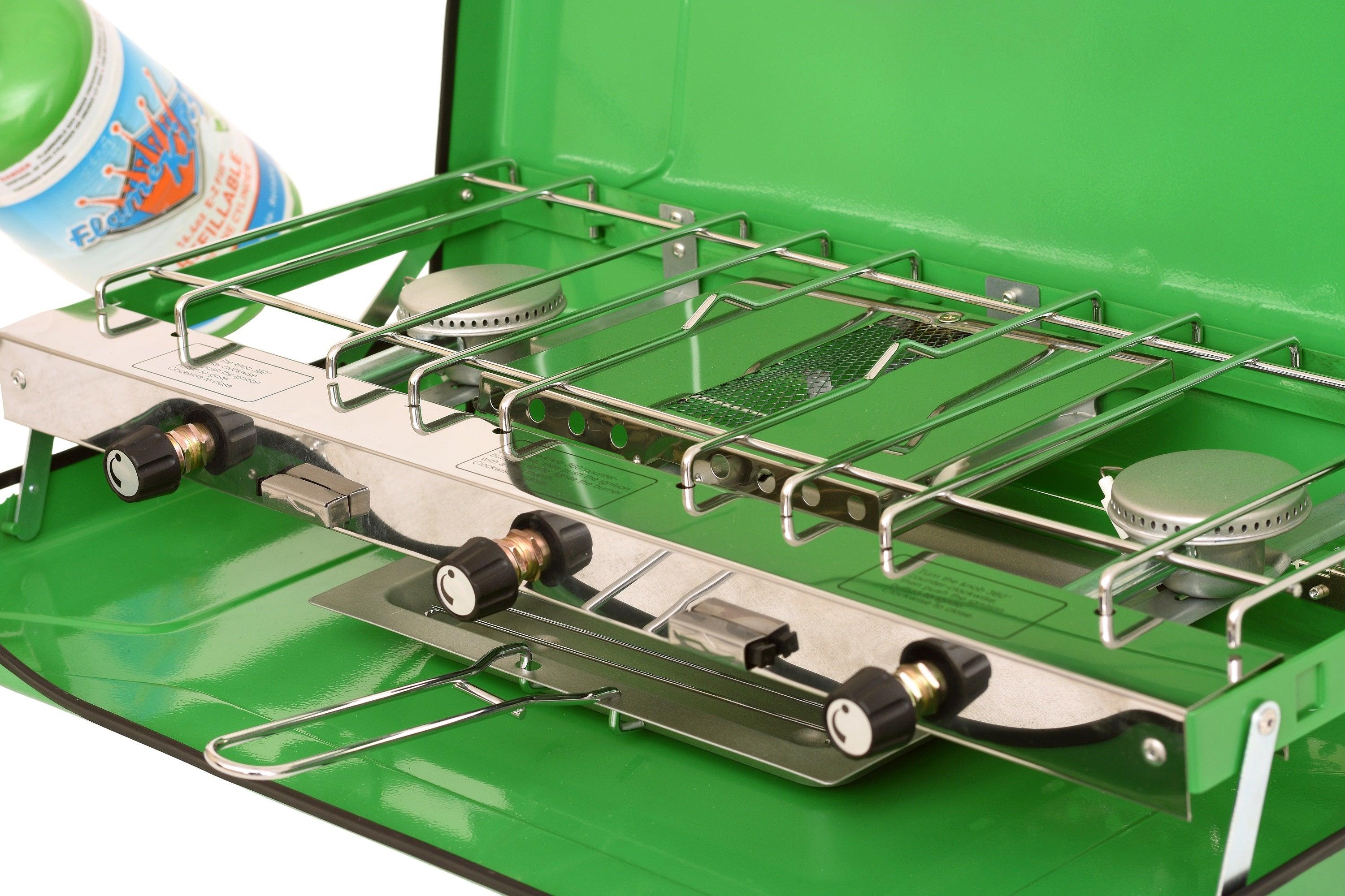 Flame King portable 3 burner grill propane gas camping stove with toast tray, ideal for outdoor cooking adventures.
