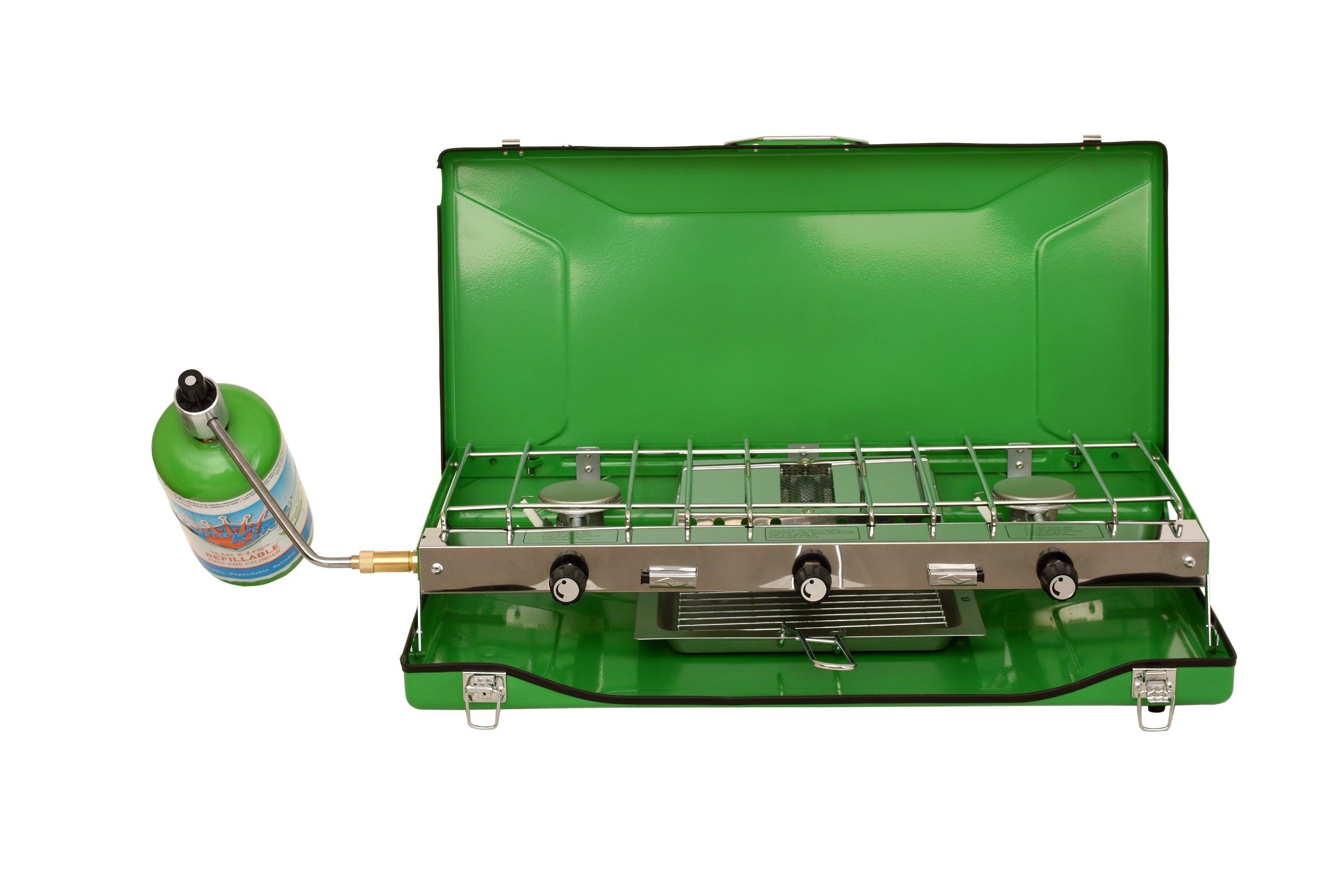 Flame King portable 3 burner grill with propane gas setup and toast tray for camping use outdoors.