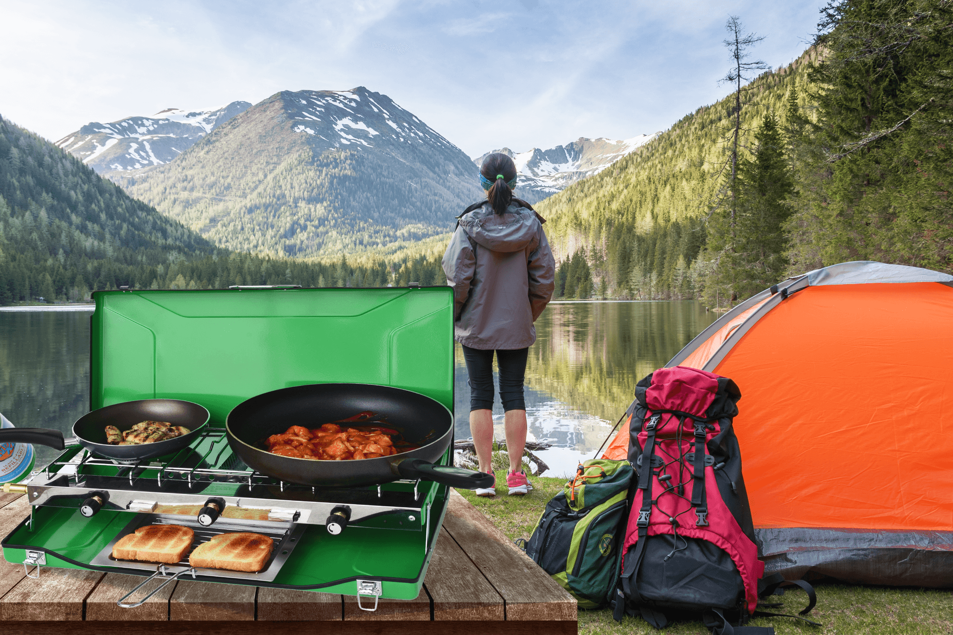 Flame King portable 3 burner propane gas camping stove with toast tray, ideal for outdoor cooking and grilling.
