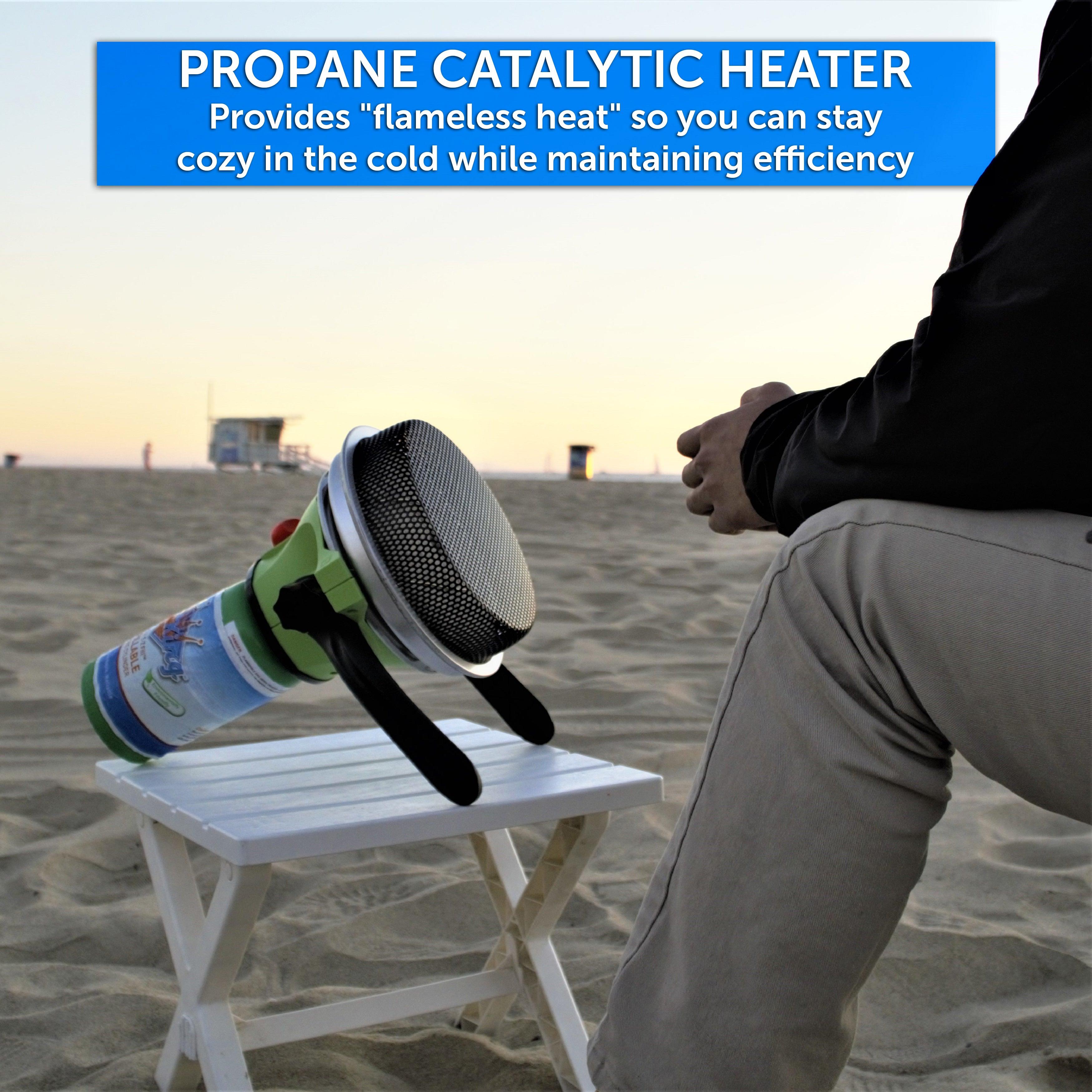 Flame King portable propane outdoor heater with piezo electric start, suitable for camping and outdoor heating.