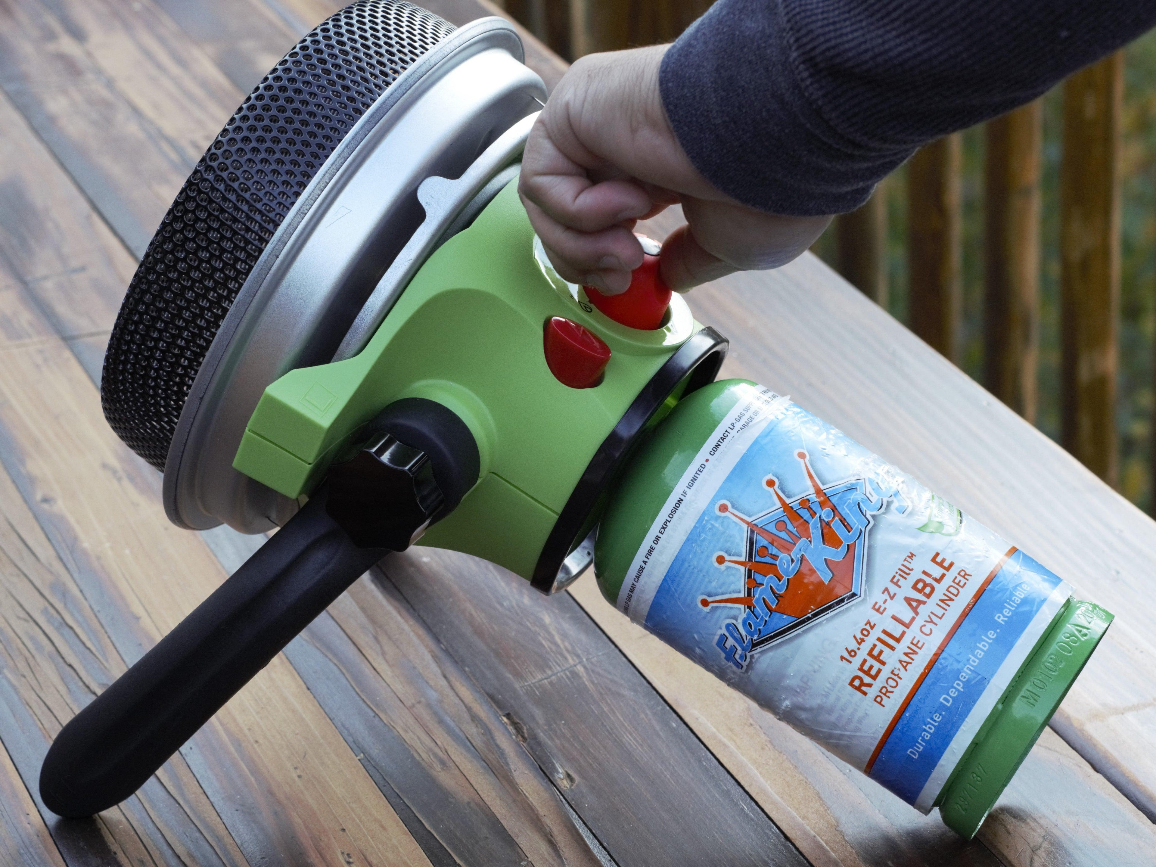 Portable Flame King propane outdoor camping heater with piezo electric start, compact design for outdoor warmth and convenience