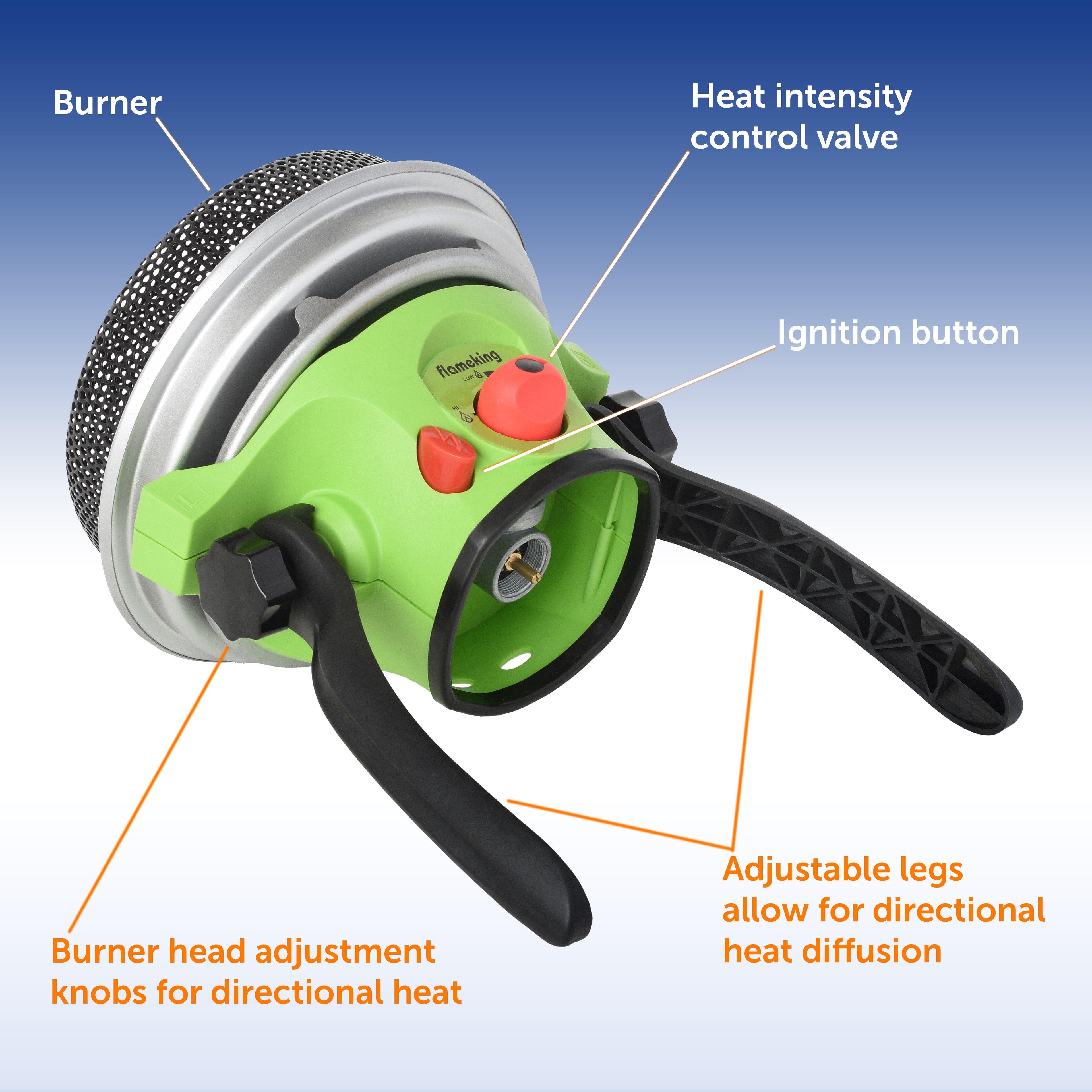 Portable Flame King propane outdoor heater with piezo electric start, ideal for camping and outdoor heating.