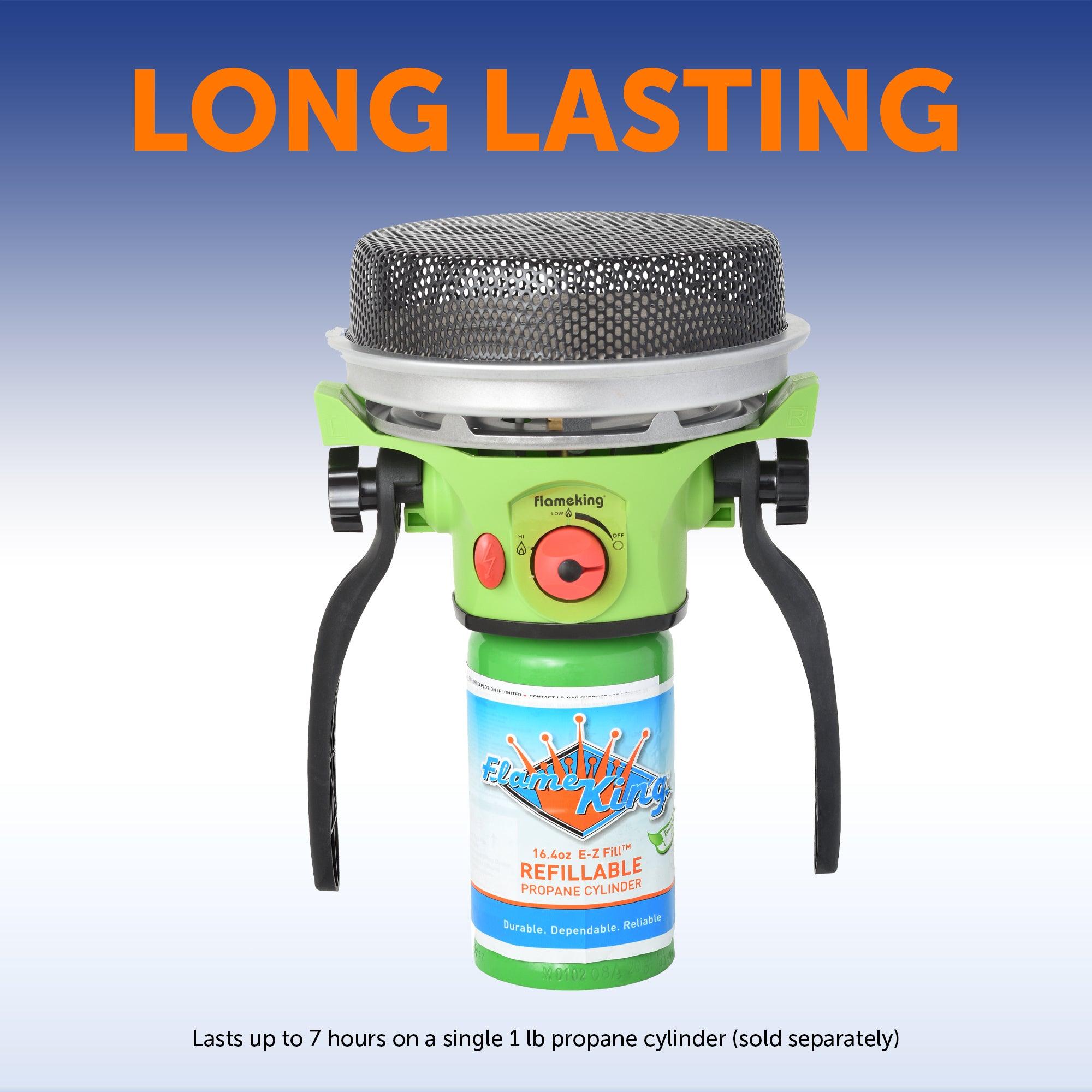Flame King portable propane outdoor heater with piezo electric start, ideal for camping and outdoor warmth.