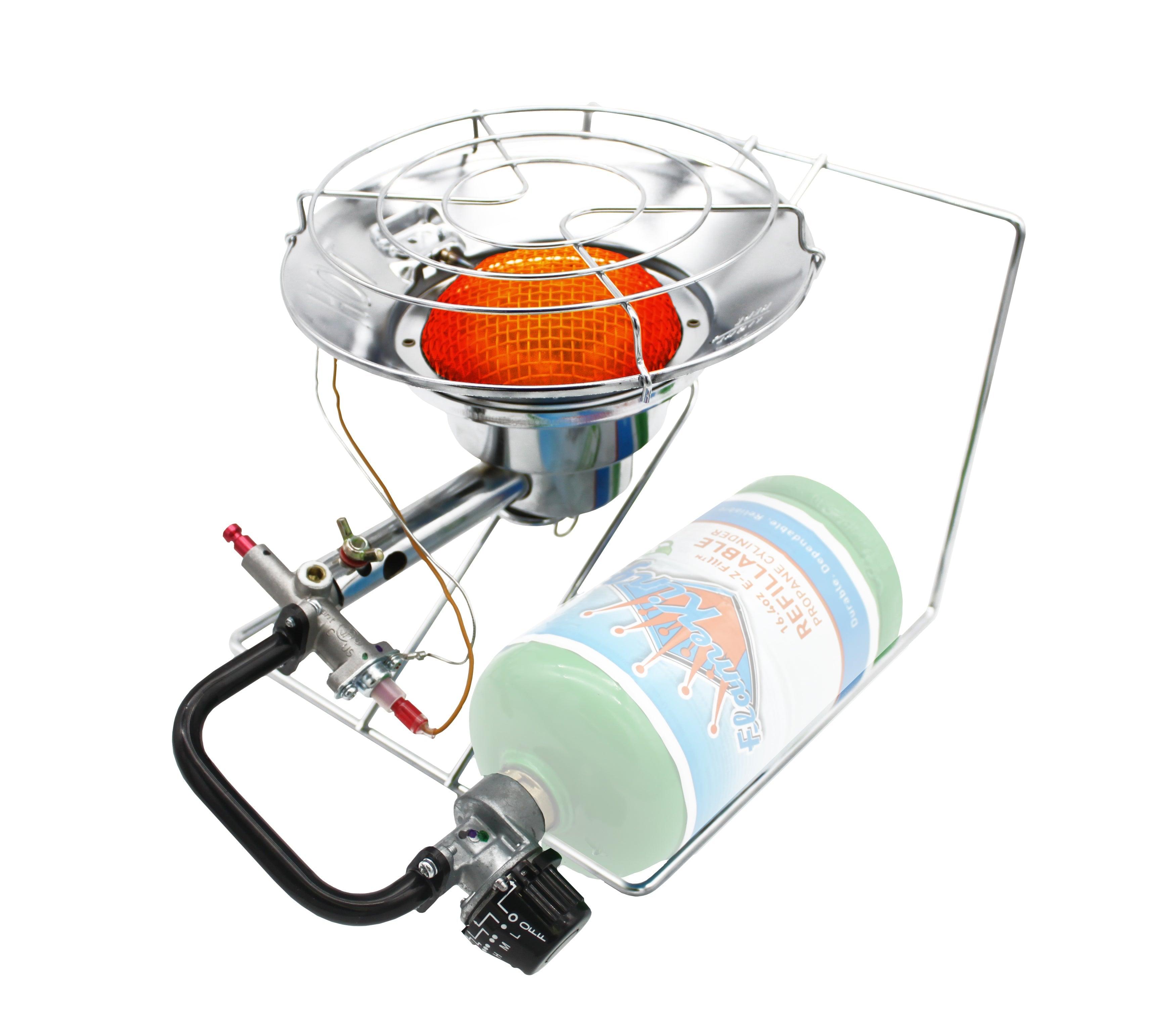 Flame King Portable Multi-Use Camping Burner Cooker Heater with adjustable flame and sturdy metal base for outdoor cooking.