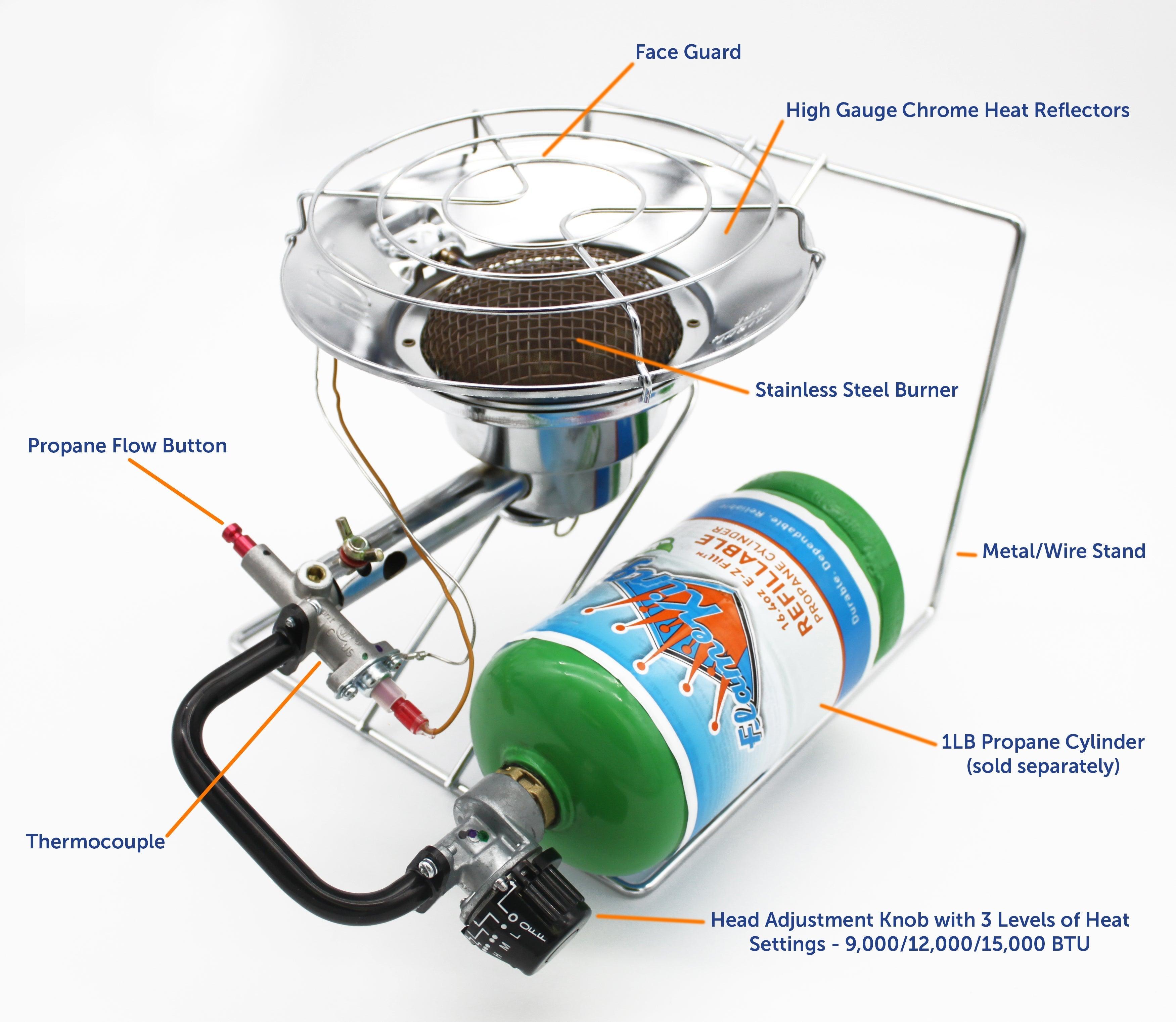 Portable Flame King burner cooker and heater for camping, featuring a compact design with adjustable flame control.