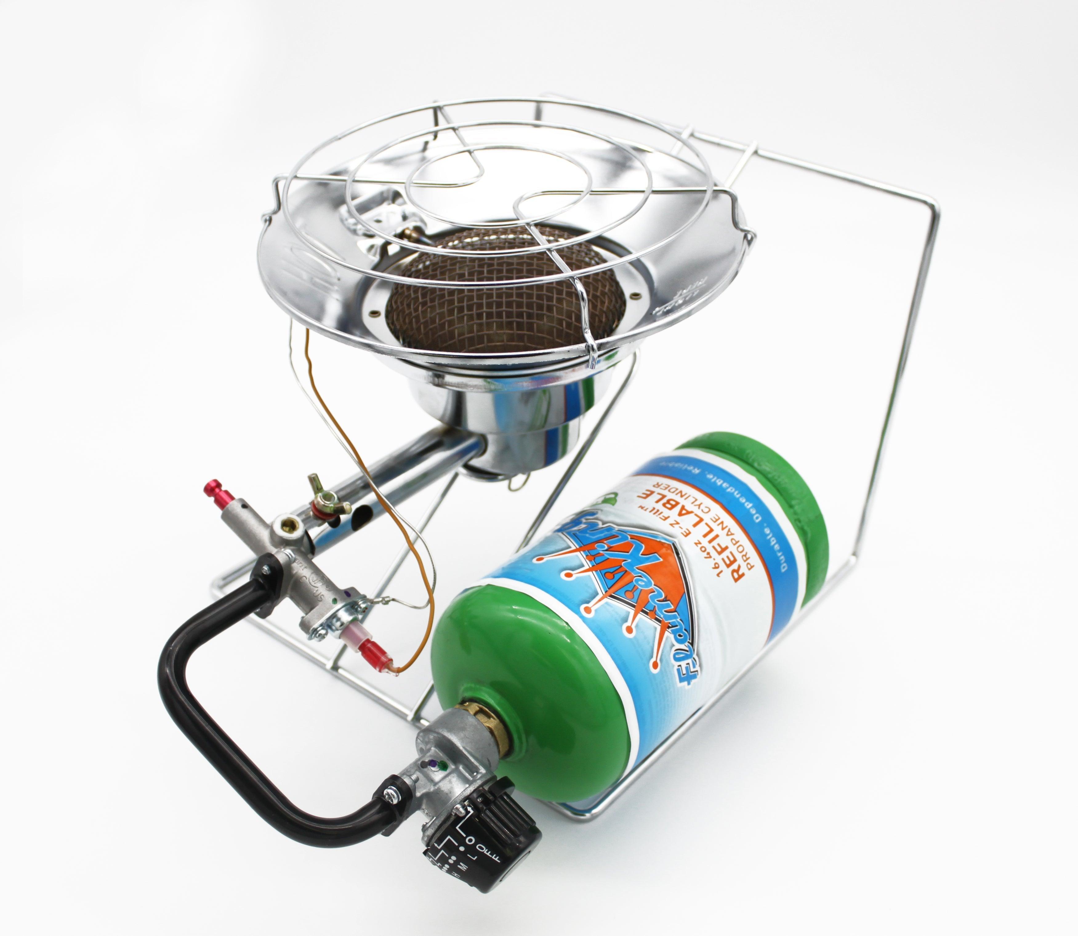 Portable Flame King burner cooker and heater for camping, featuring adjustable control and sturdy design for outdoor cooking.