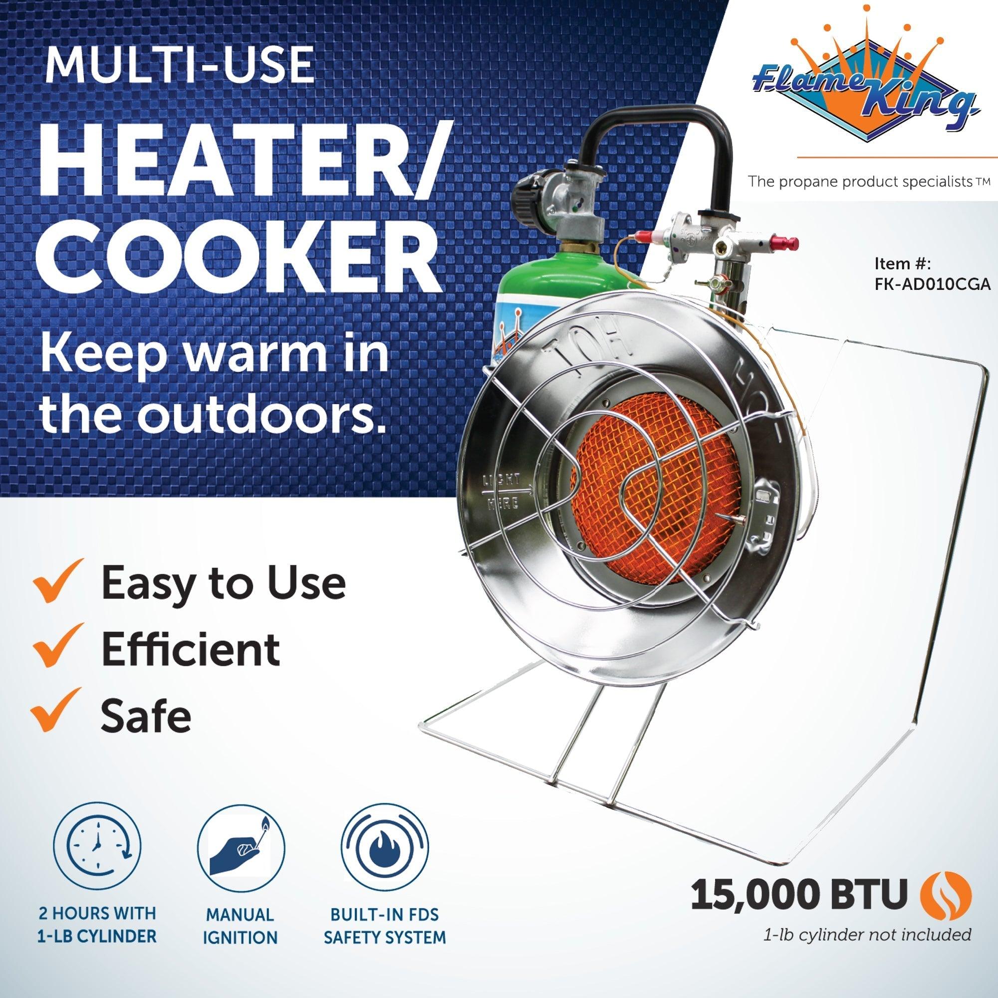 Portable Flame King burner cooker and heater for camping, with a compact design and sturdy metal construction.