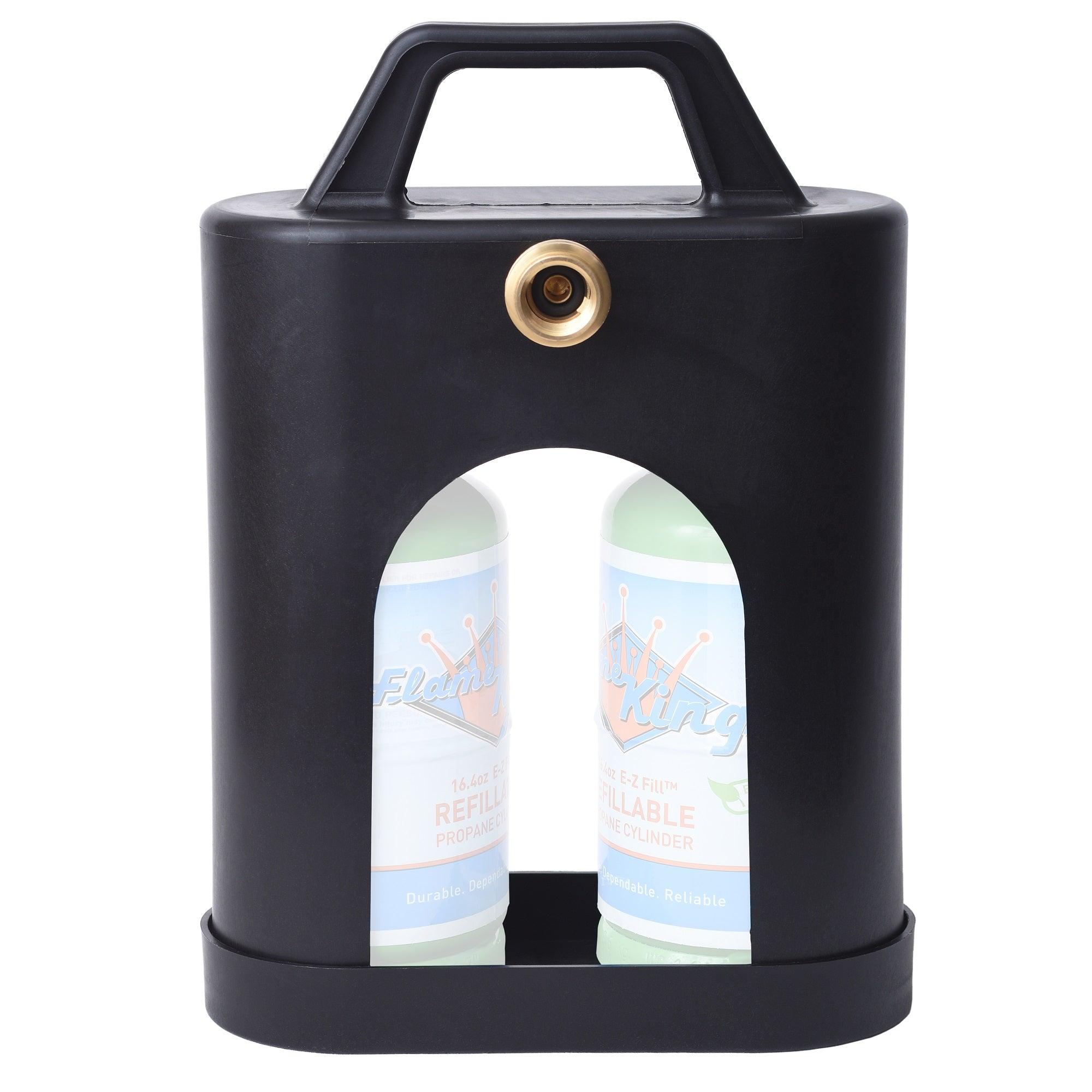 Flame King ProBoost dual propane tank carrier holding two 1LB tanks in a sturdy, portable design for outdoor use.
