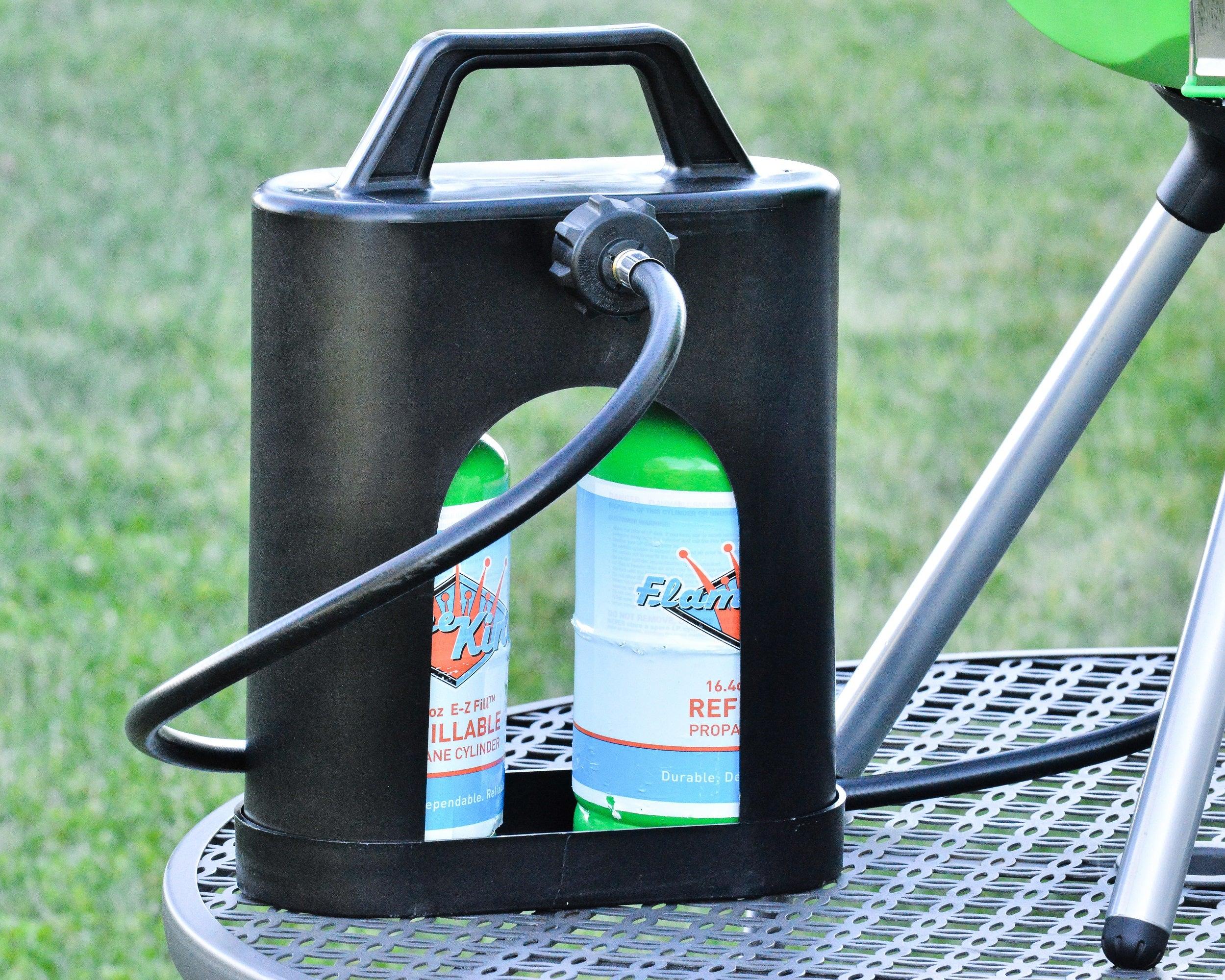 Flame King ProBoost Dual 1LB propane tank carrier with secure straps and sturdy design for easy transport of propane tanks.