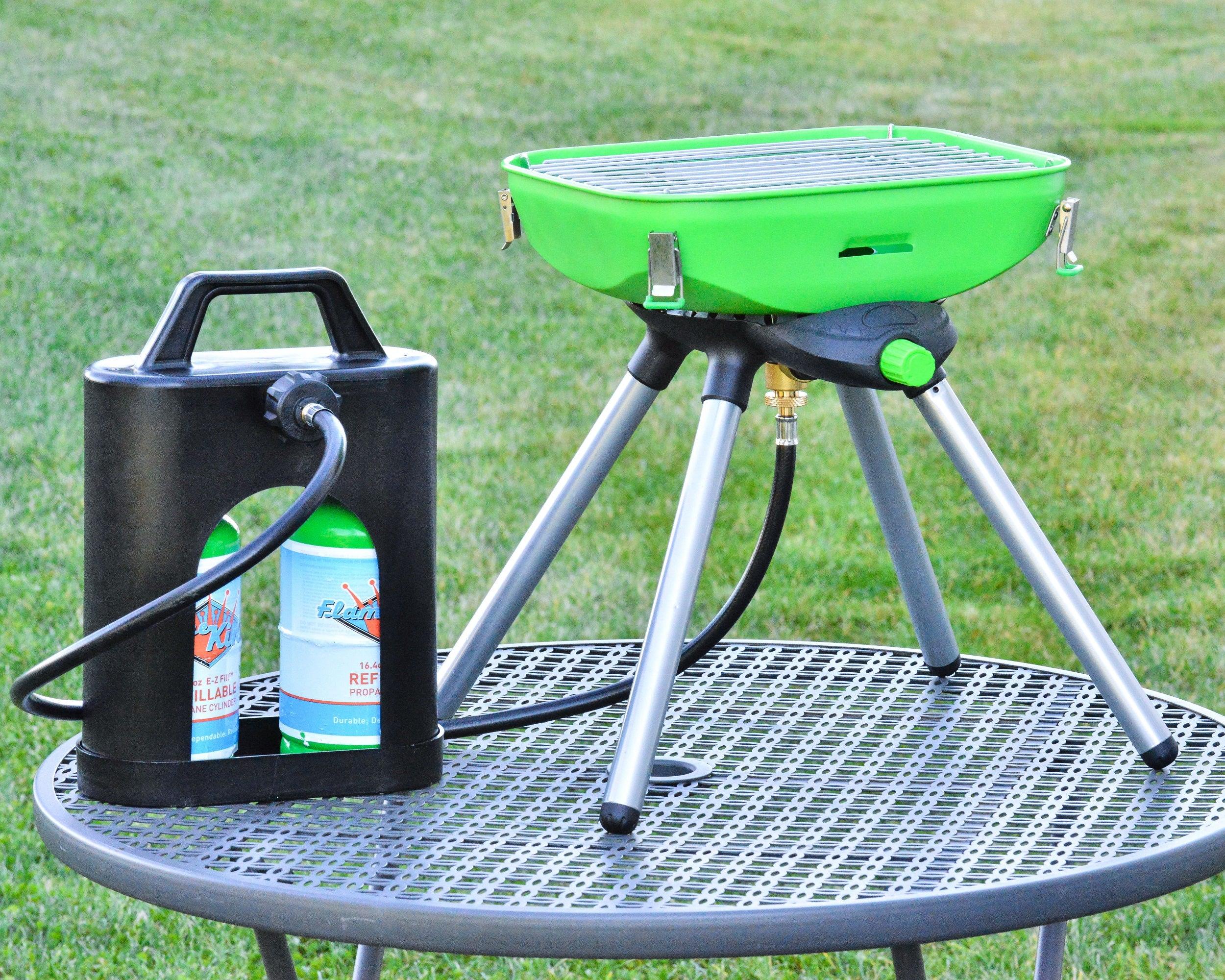 Flame King ProBoost dual 1LB propane tank carrier with secure straps and sturdy handle for easy transport.