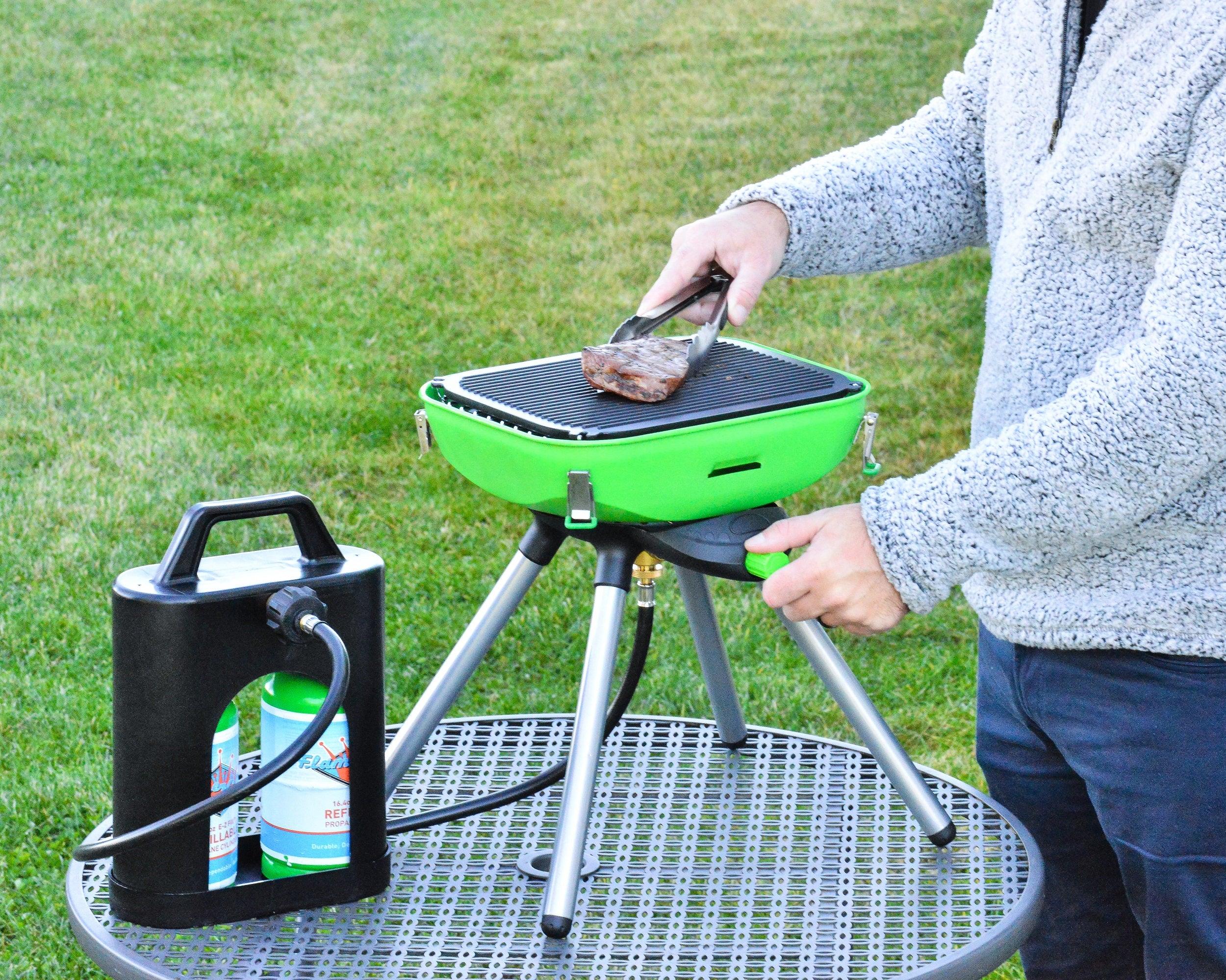 Flame King ProBoost dual 1LB propane tank carrier with secure straps and durable design for easy transport.