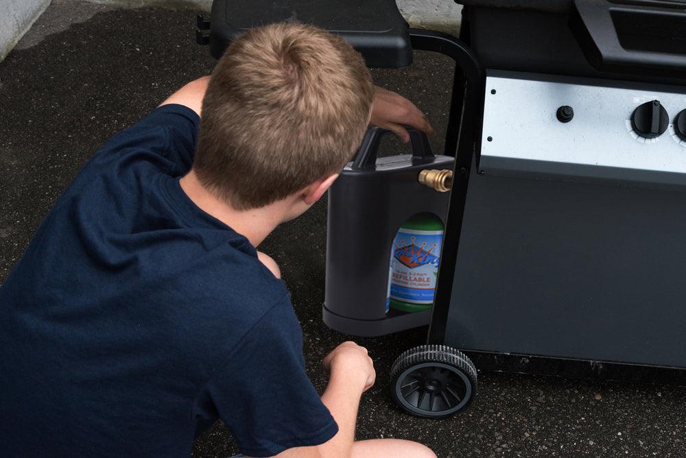 Flame King ProBoost dual propane tank carrier holding two 1LB propane tanks, designed for safe and convenient transport.