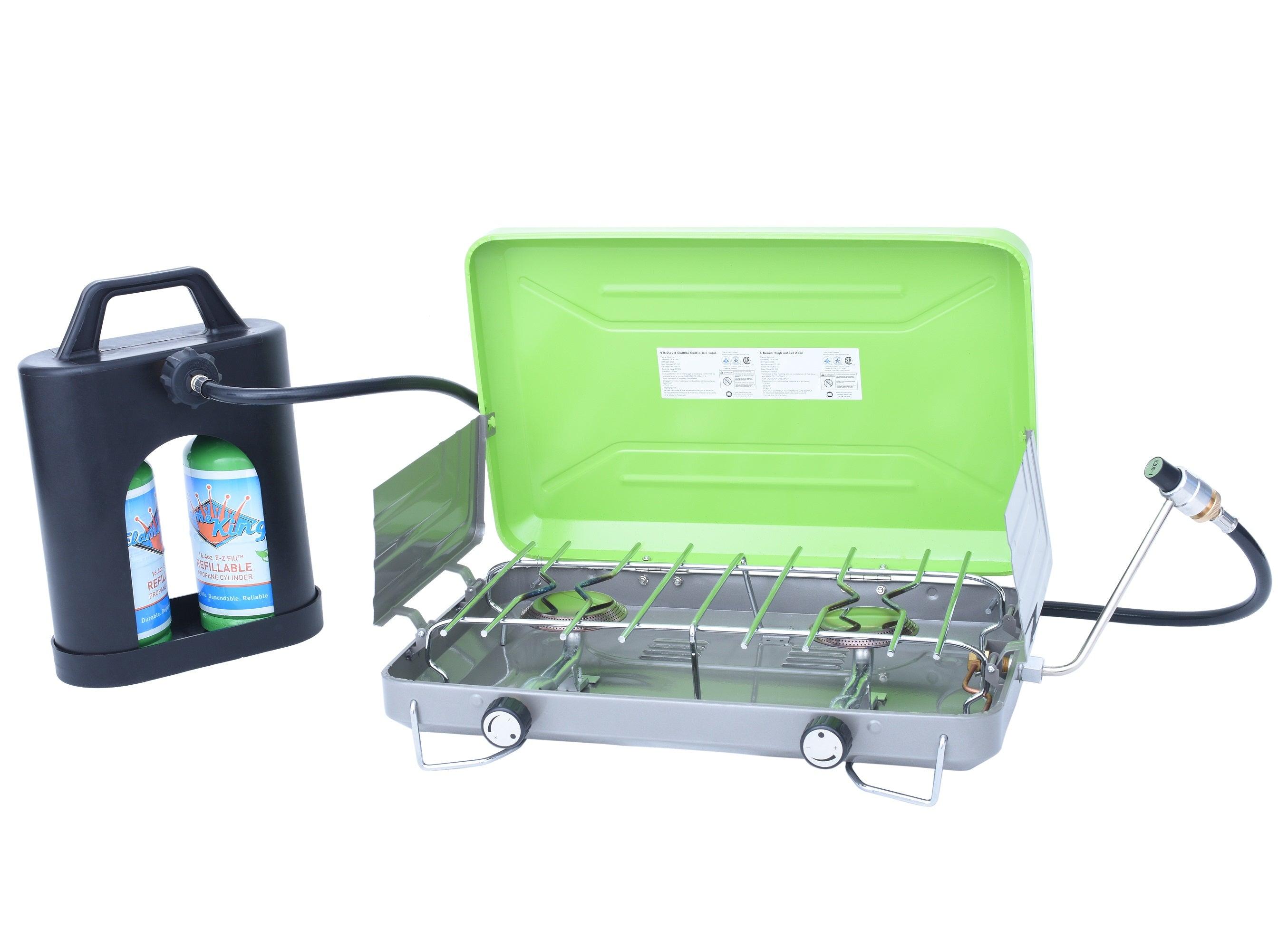 Flame King ProBoost dual 1LB propane tank carrier with adjustable straps and sturdy design for secure transport.