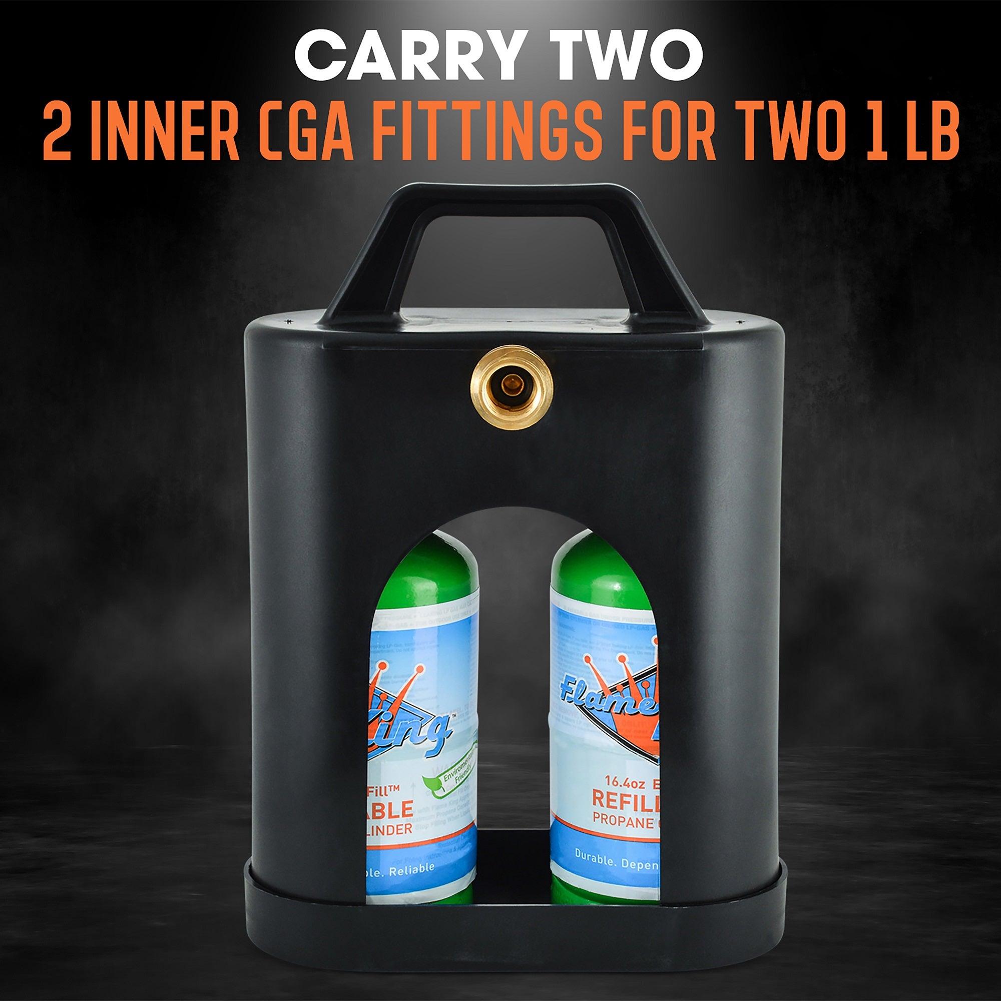 Flame King ProBoost dual 1LB propane tank carrier with sturdy design for secure transport of propane tanks.