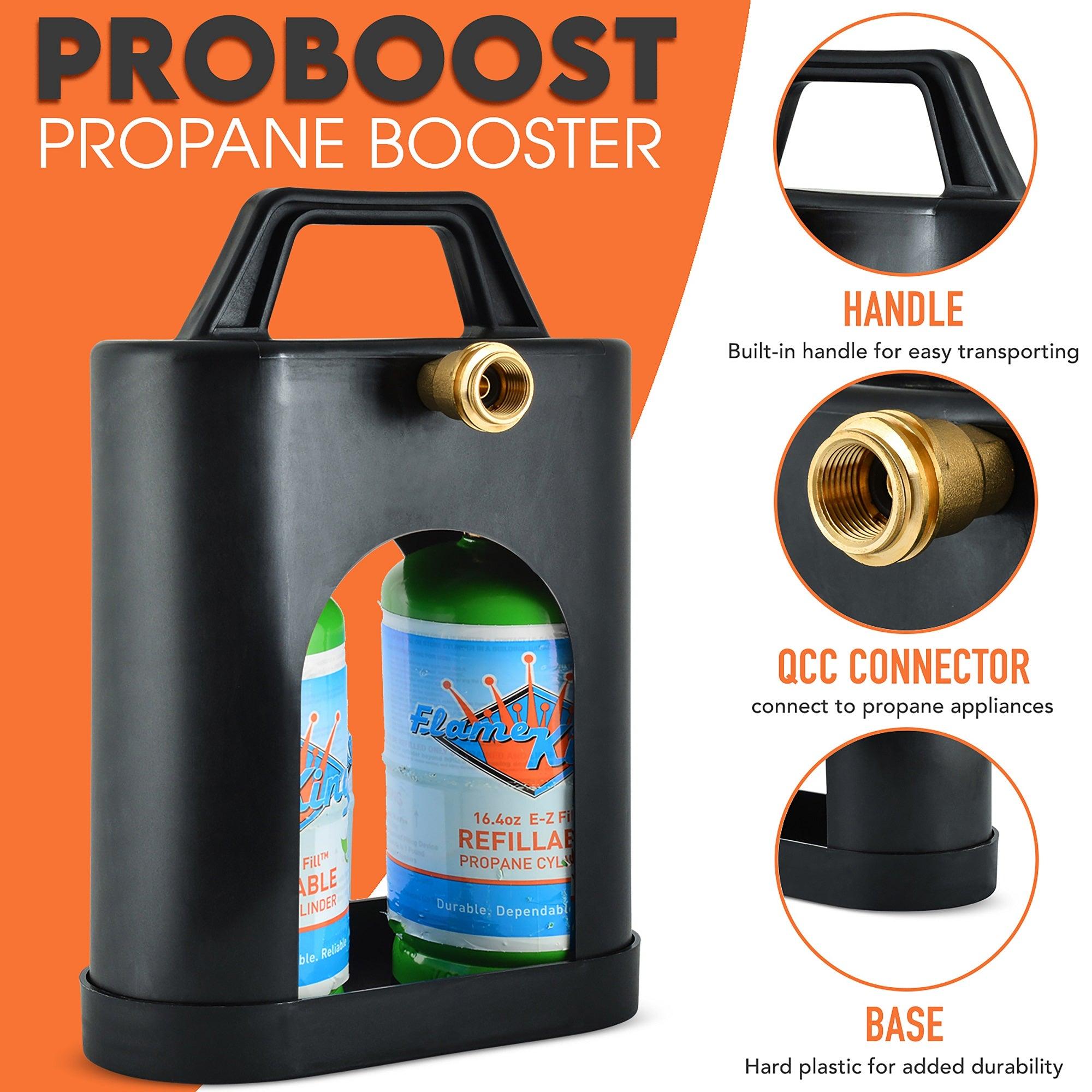 Flame King ProBoost dual 1LB propane tank carrier with sturdy straps and a compact design for easy transport.