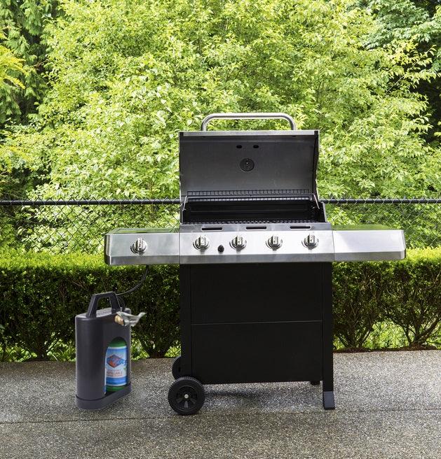 Flame King ProBoost dual propane tank carrier holding two 1LB tanks with sturdy straps and durable construction.
