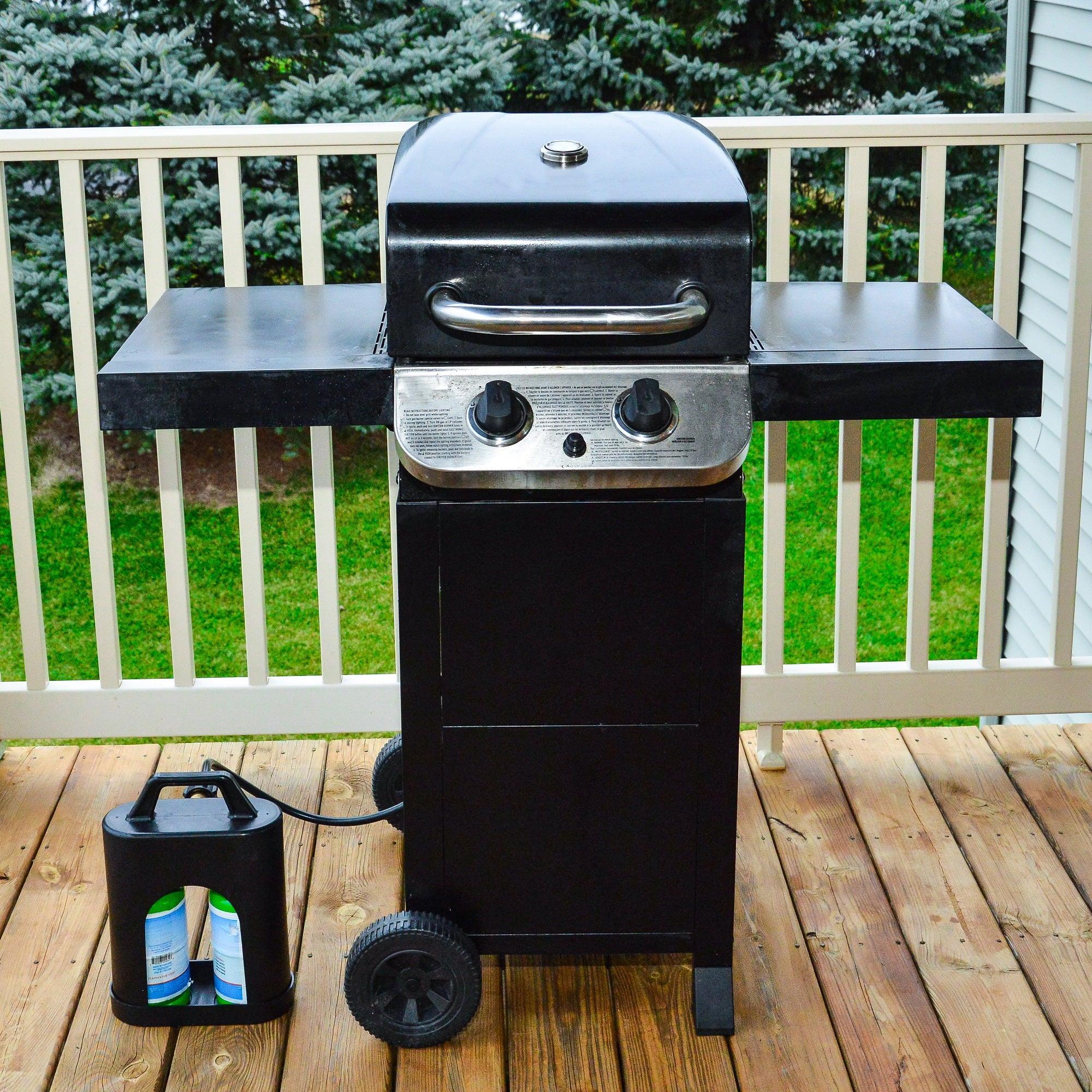 Flame King ProBoost dual 1LB propane tank carrier with sturdy design for secure transport of propane tanks.