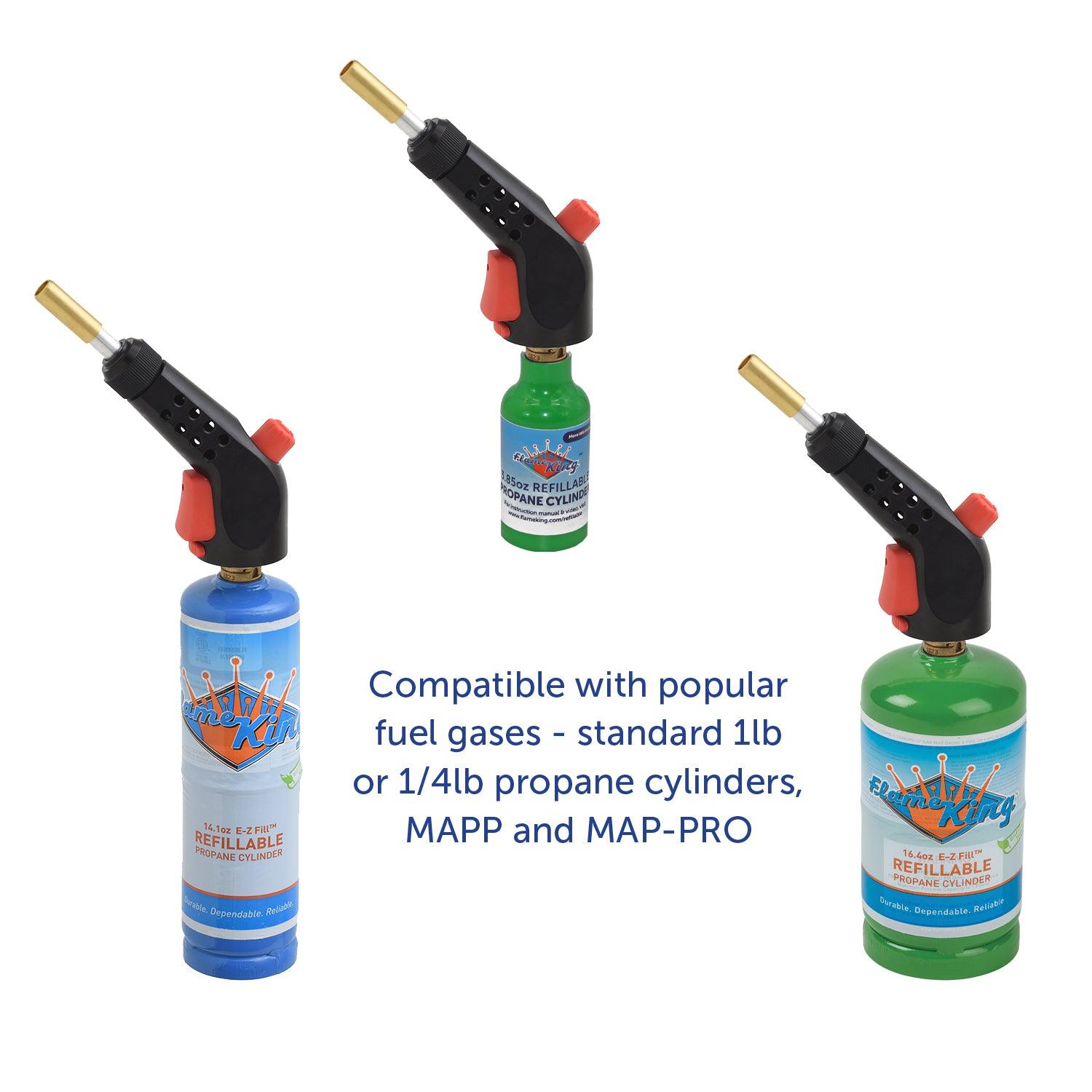 Flame King propane gas blow torch with push button igniter and two interchangeable heads, used for weed burning and outdoor heating.