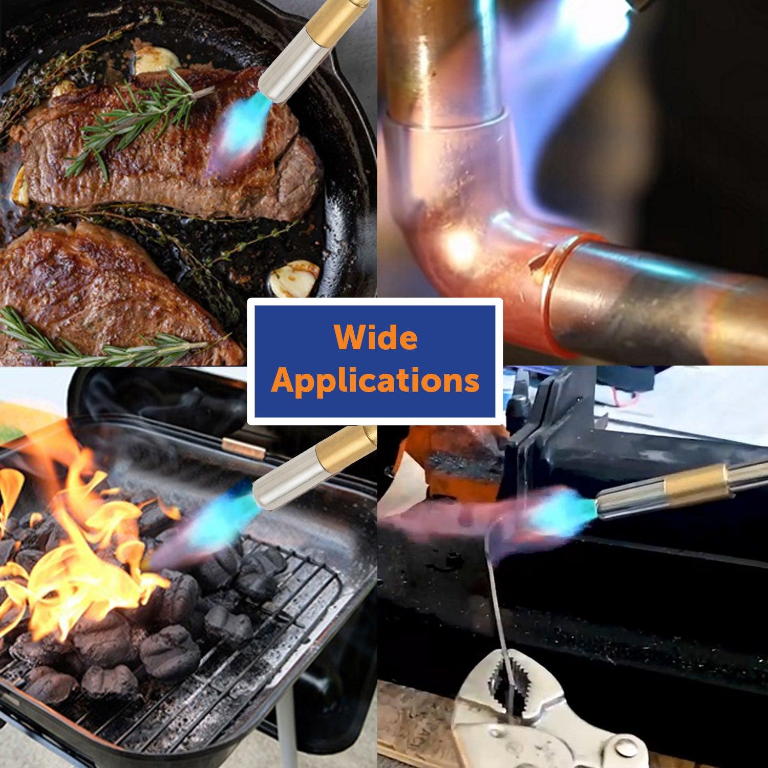 Flame King propane gas blow torch with push button igniter and two interchangeable heads, used for weed burning and outdoor tasks.