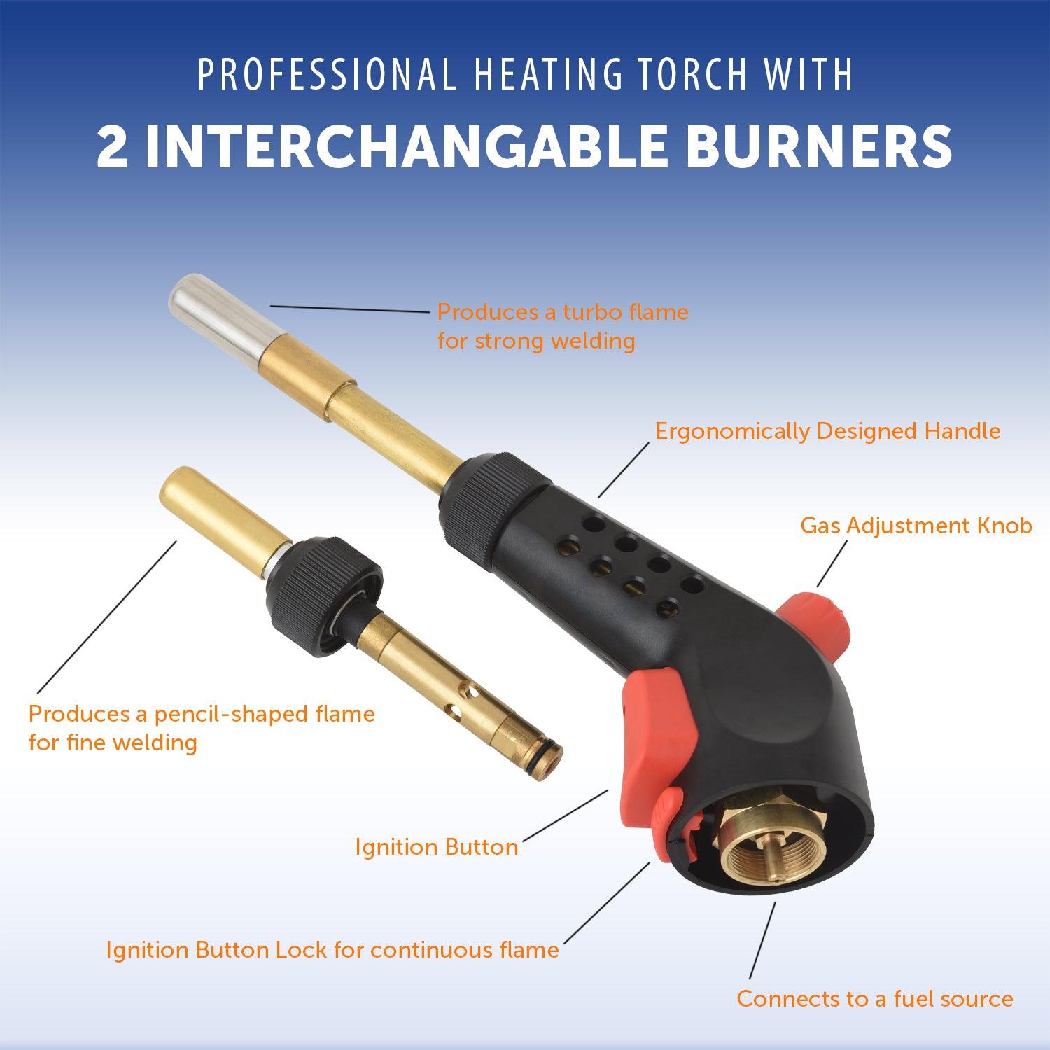 Flame King propane gas blow torch with push button igniter and two interchangeable heads, used as a weed burner and torch.