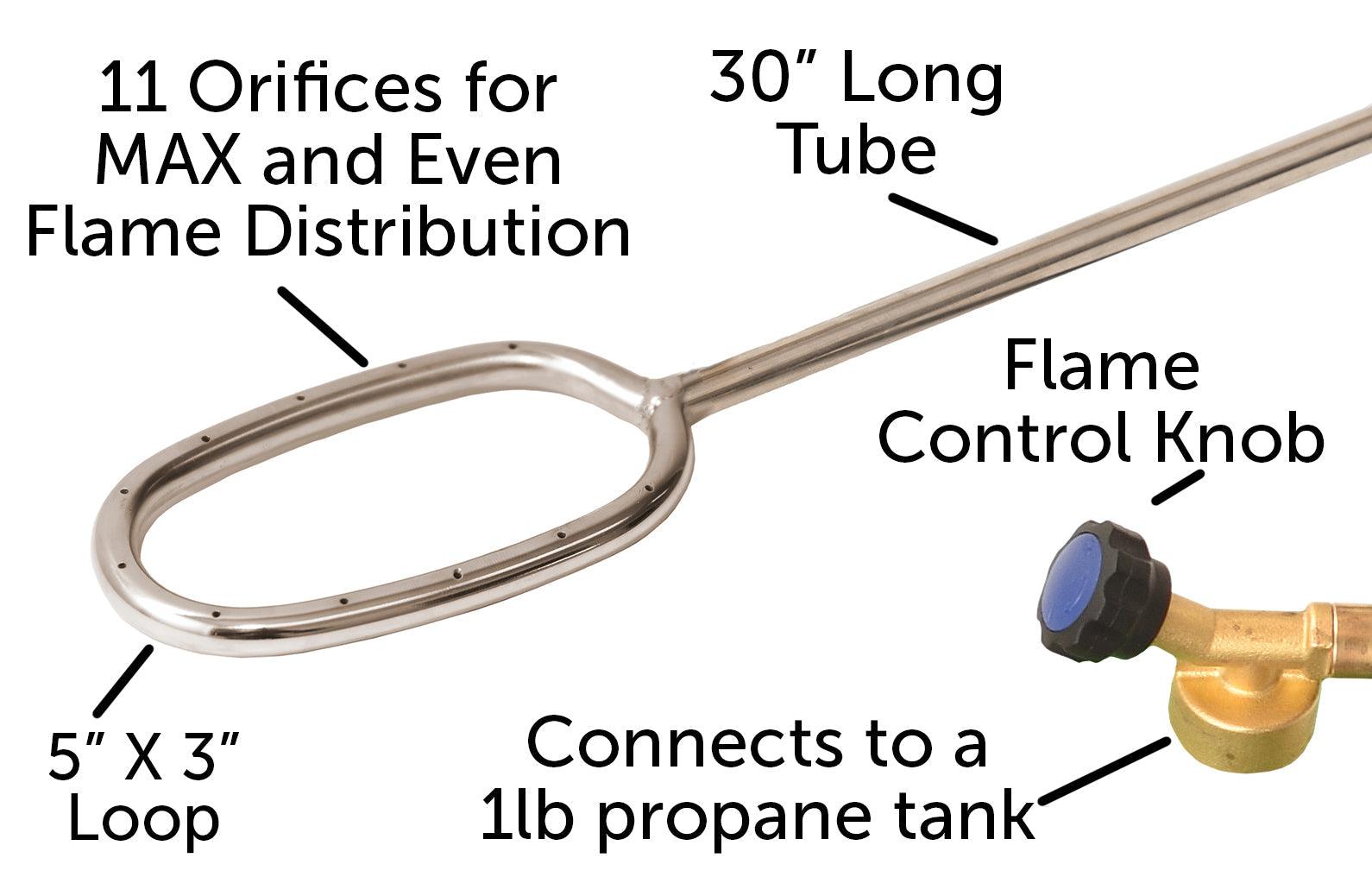 Flame King Propane LP Log Lighter Starter for 1lb propane tanks, weed burner and torch, with ignition and fuel connection.